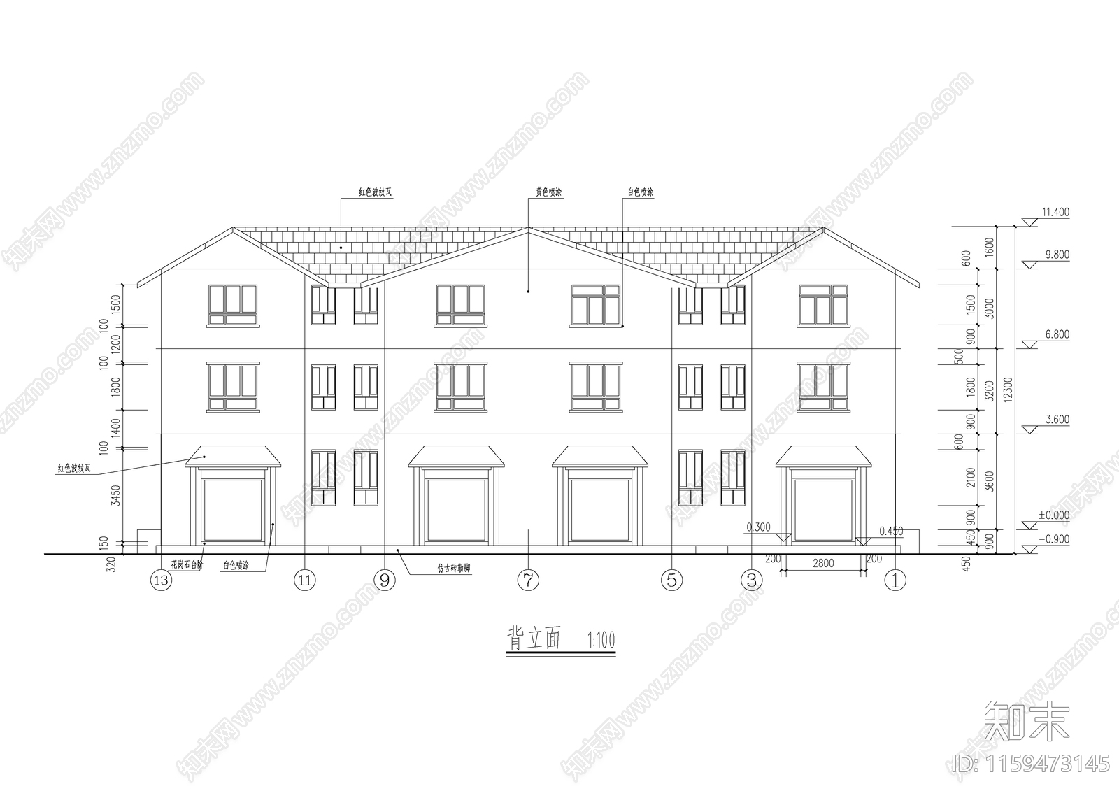 四联别墅建筑cad施工图下载【ID:1159473145】