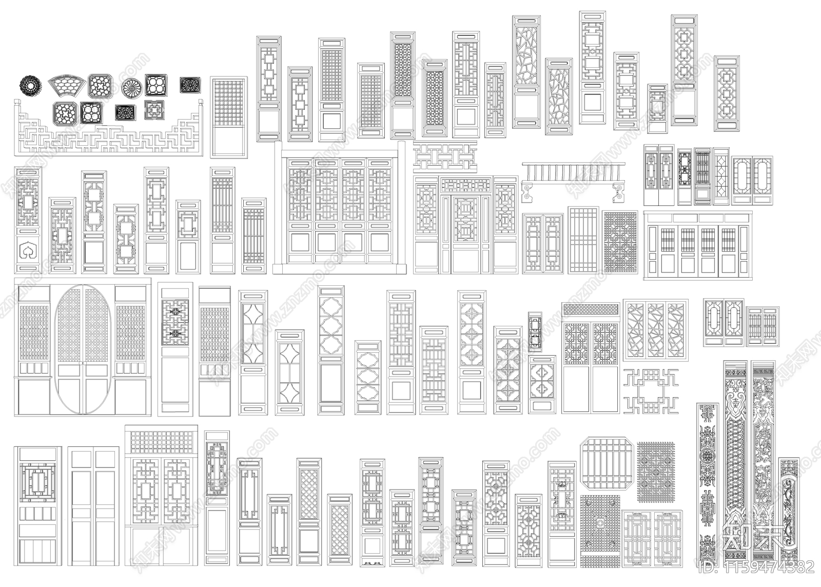 中式门窗图库cad施工图下载【ID:1159474382】