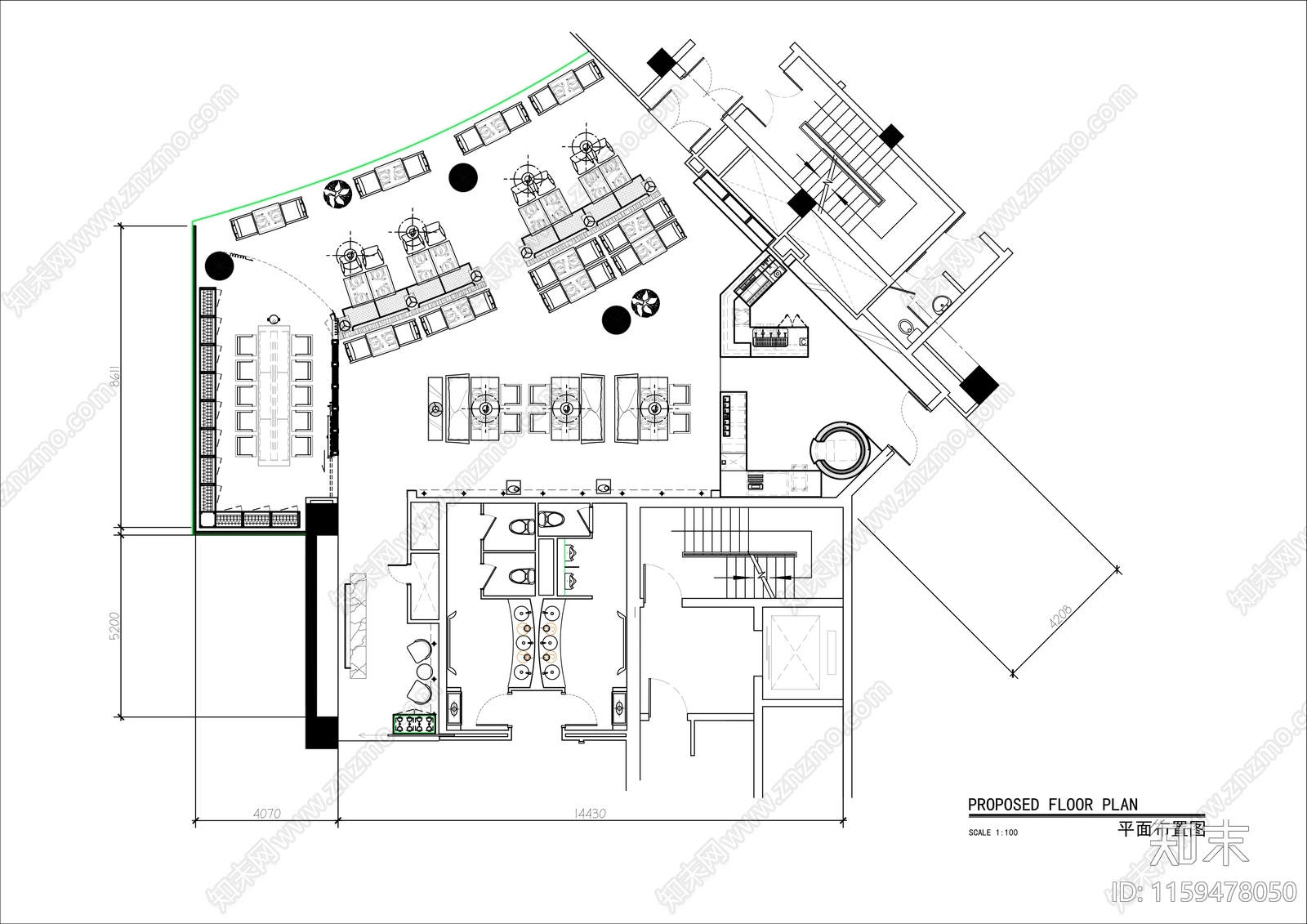 200㎡酒店茶餐厅平面布置图cad施工图下载【ID:1159478050】