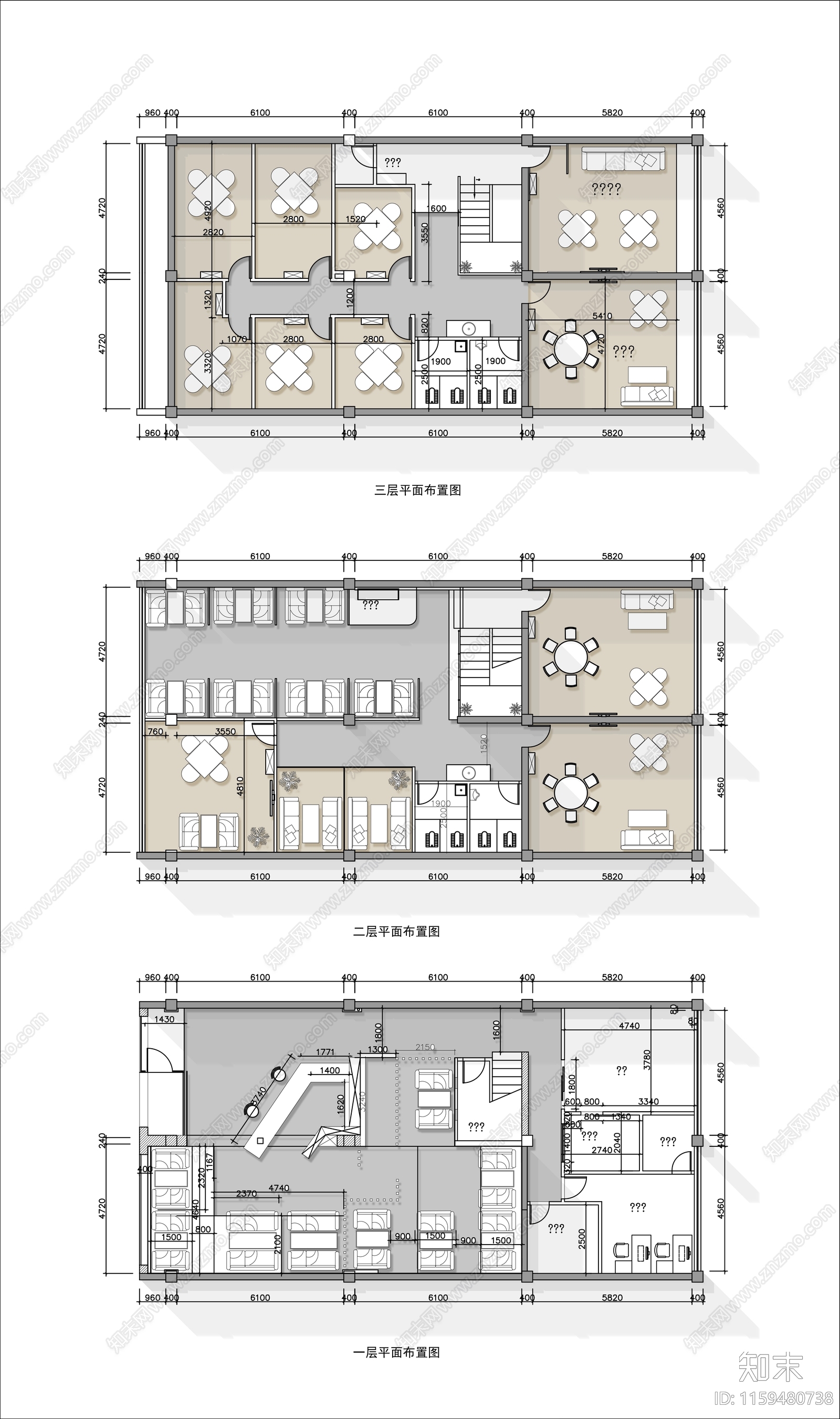 600㎡三层茶楼棋牌cad施工图下载【ID:1159480738】