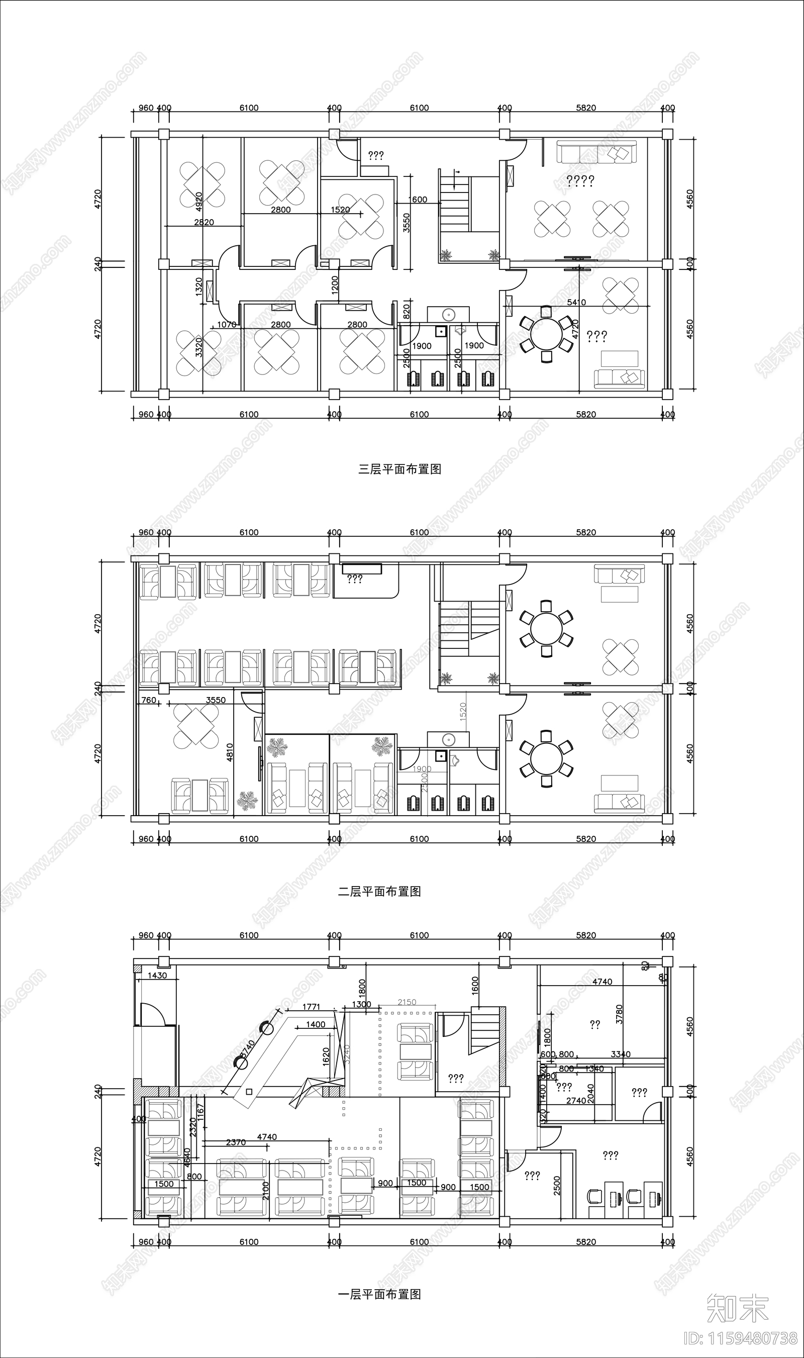 600㎡三层茶楼棋牌cad施工图下载【ID:1159480738】