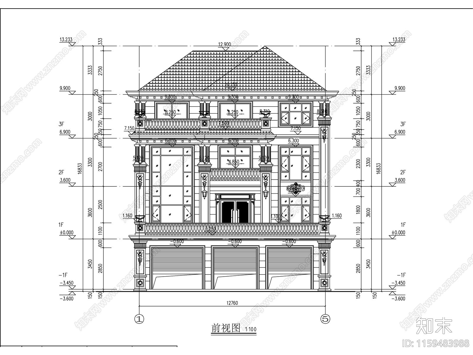 欧式三层带车库独栋别墅建筑施工图下载【ID:1159483988】