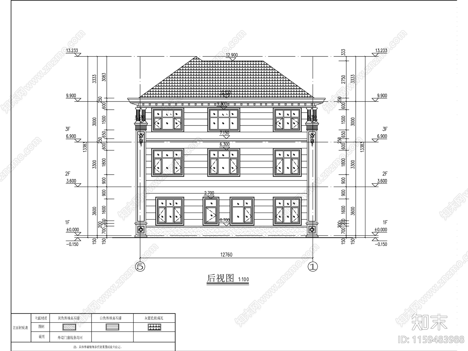 欧式三层带车库独栋别墅建筑施工图下载【ID:1159483988】