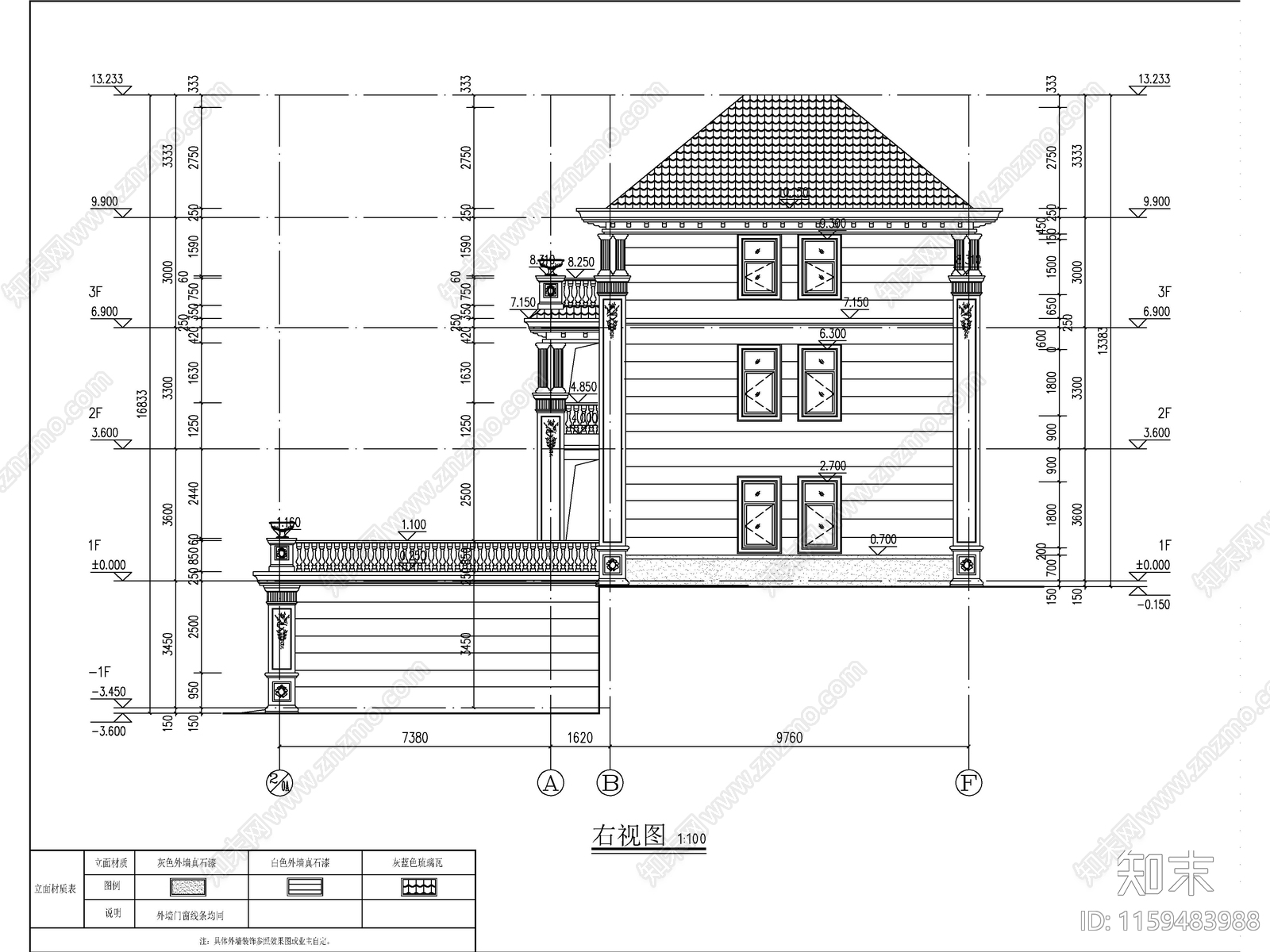 欧式三层带车库独栋别墅建筑施工图下载【ID:1159483988】