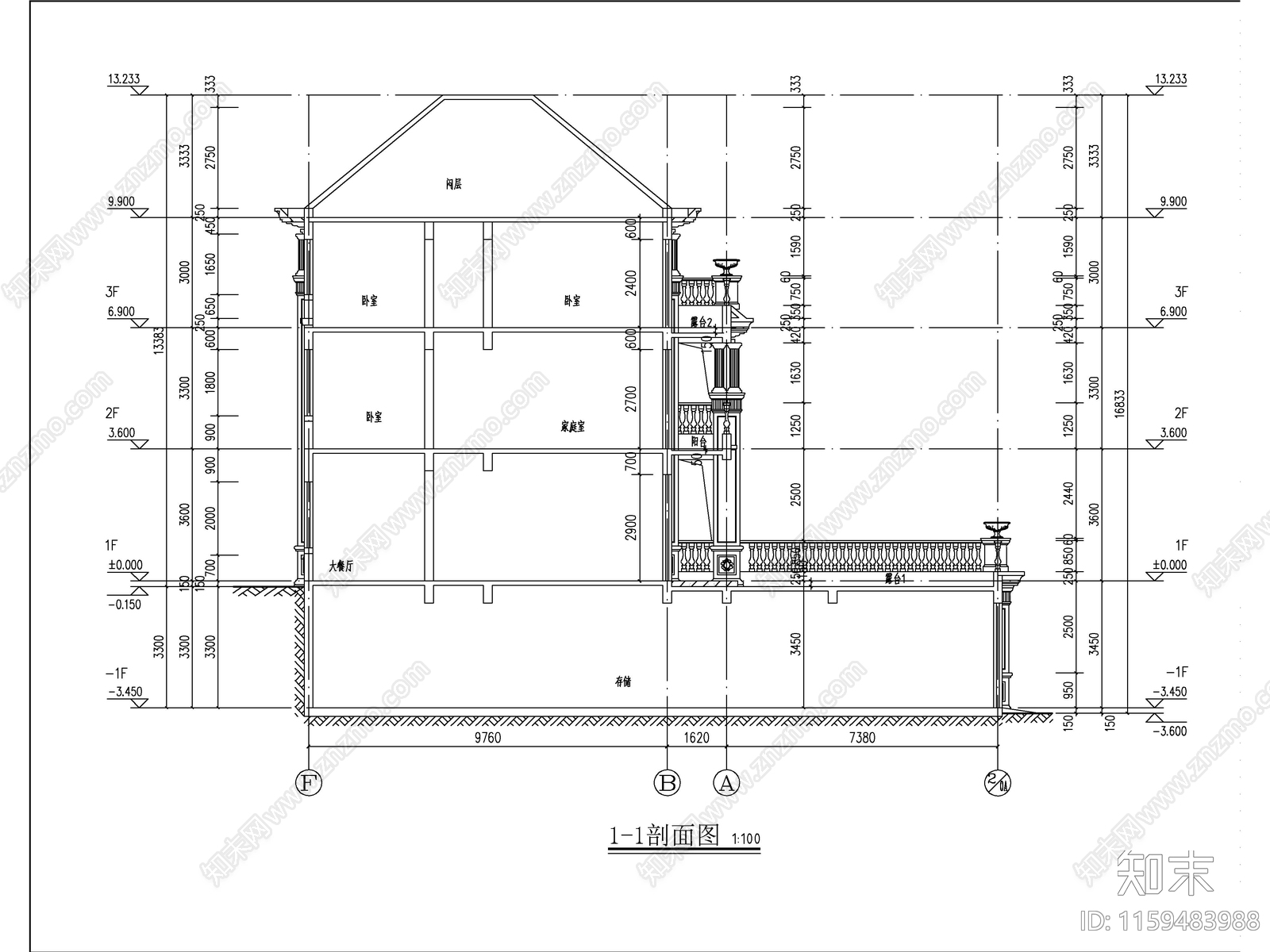 欧式三层带车库独栋别墅建筑施工图下载【ID:1159483988】