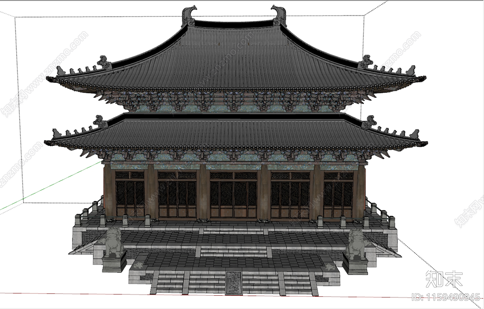 中式宋代重檐庑殿顶建筑SU模型下载【ID:1159490945】