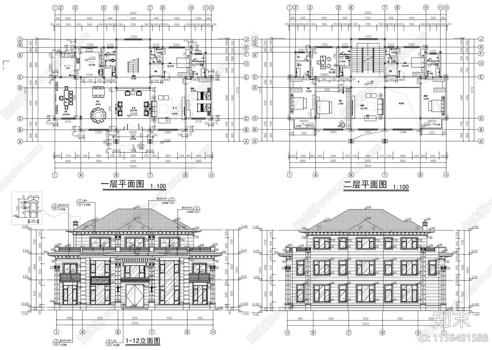 12套自建房建筑图cad施工图下载【ID:1159491588】