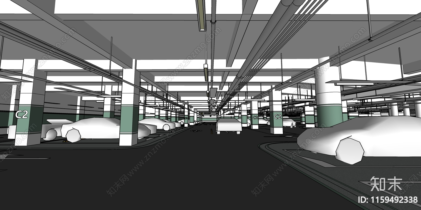 现代地下车库SU模型下载【ID:1159492338】