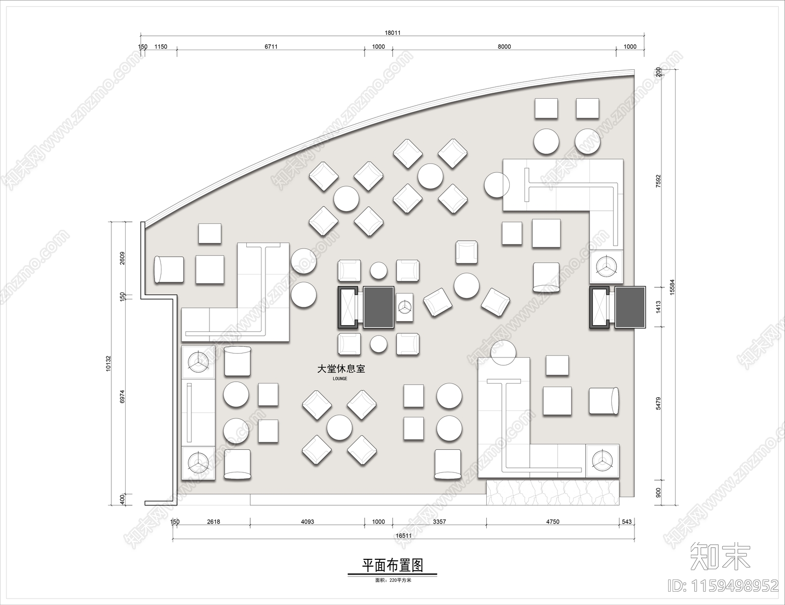220平米大堂休息室平面布置图cad施工图下载【ID:1159498952】