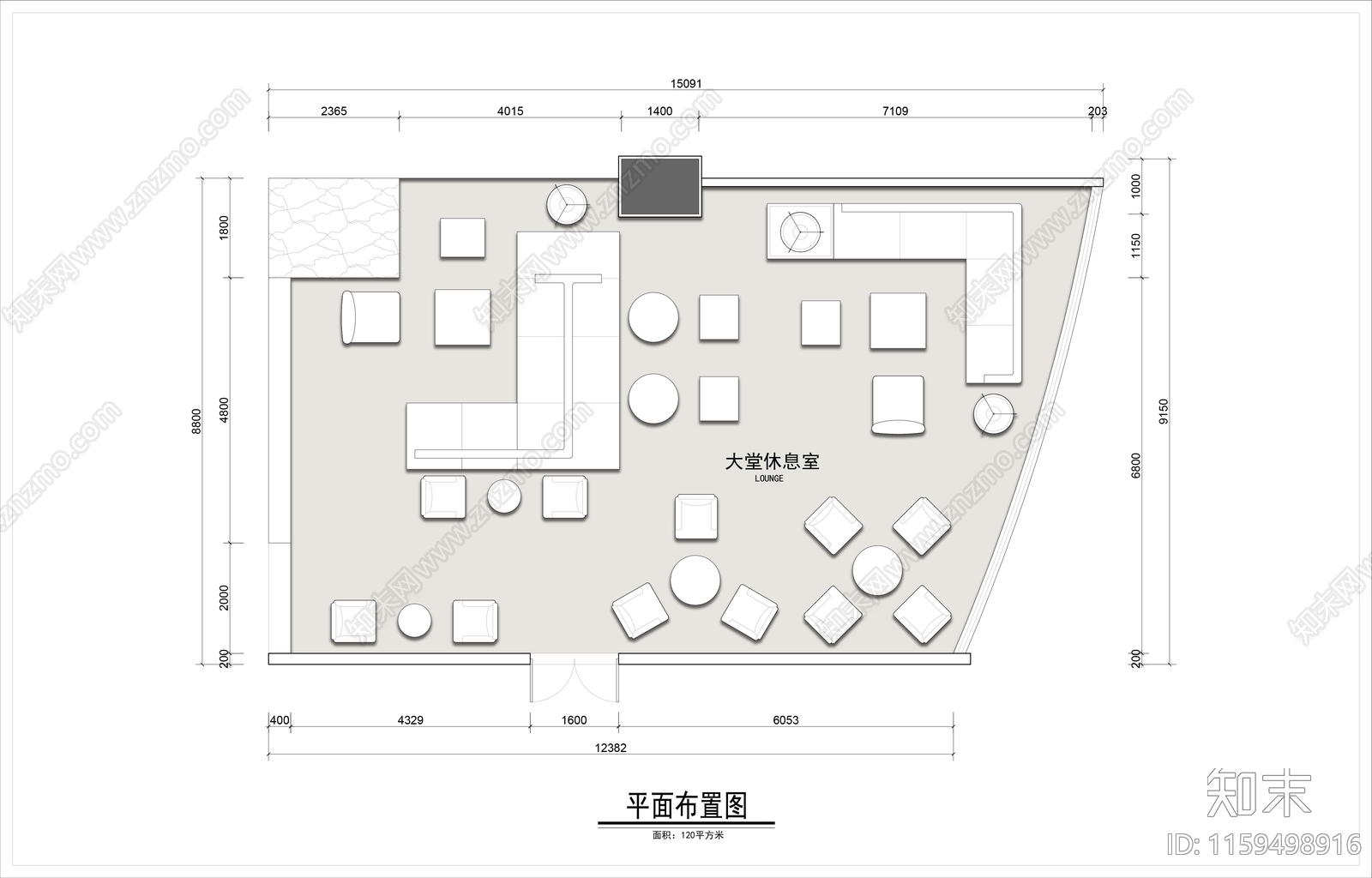 120平米大堂休息室平面布置图cad施工图下载【ID:1159498916】