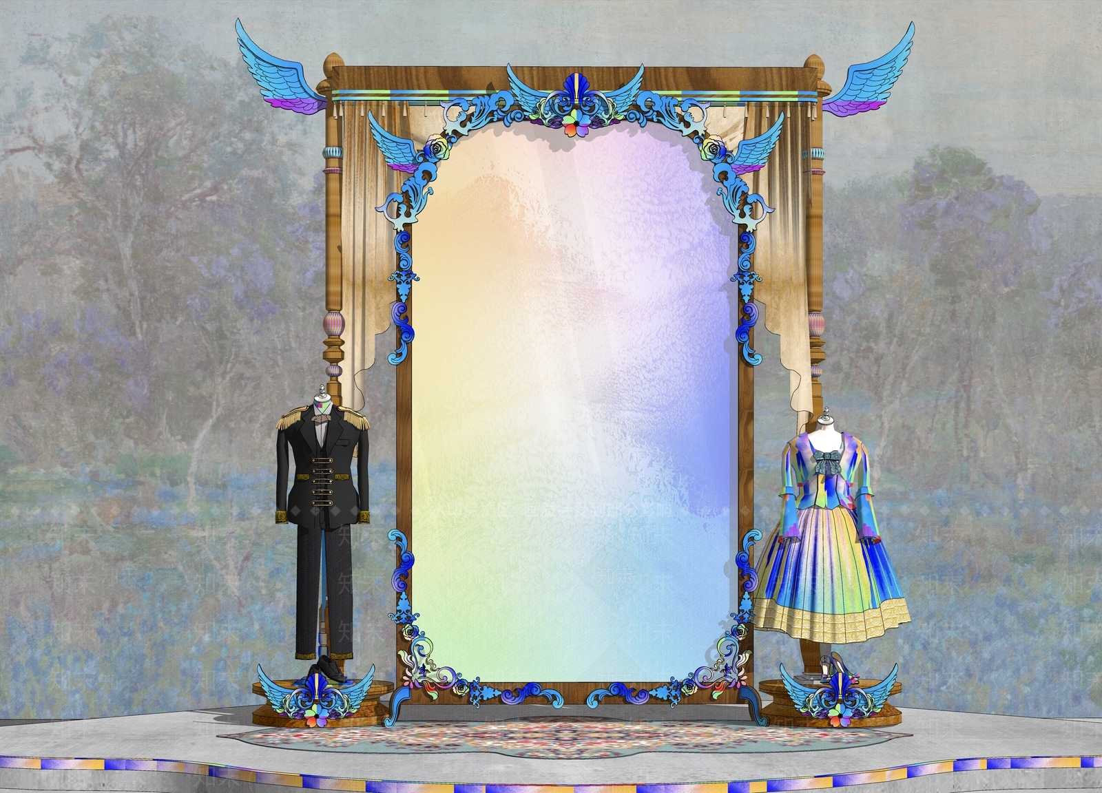 欧式花纹屏风镜子SU模型下载【ID:1159532397】