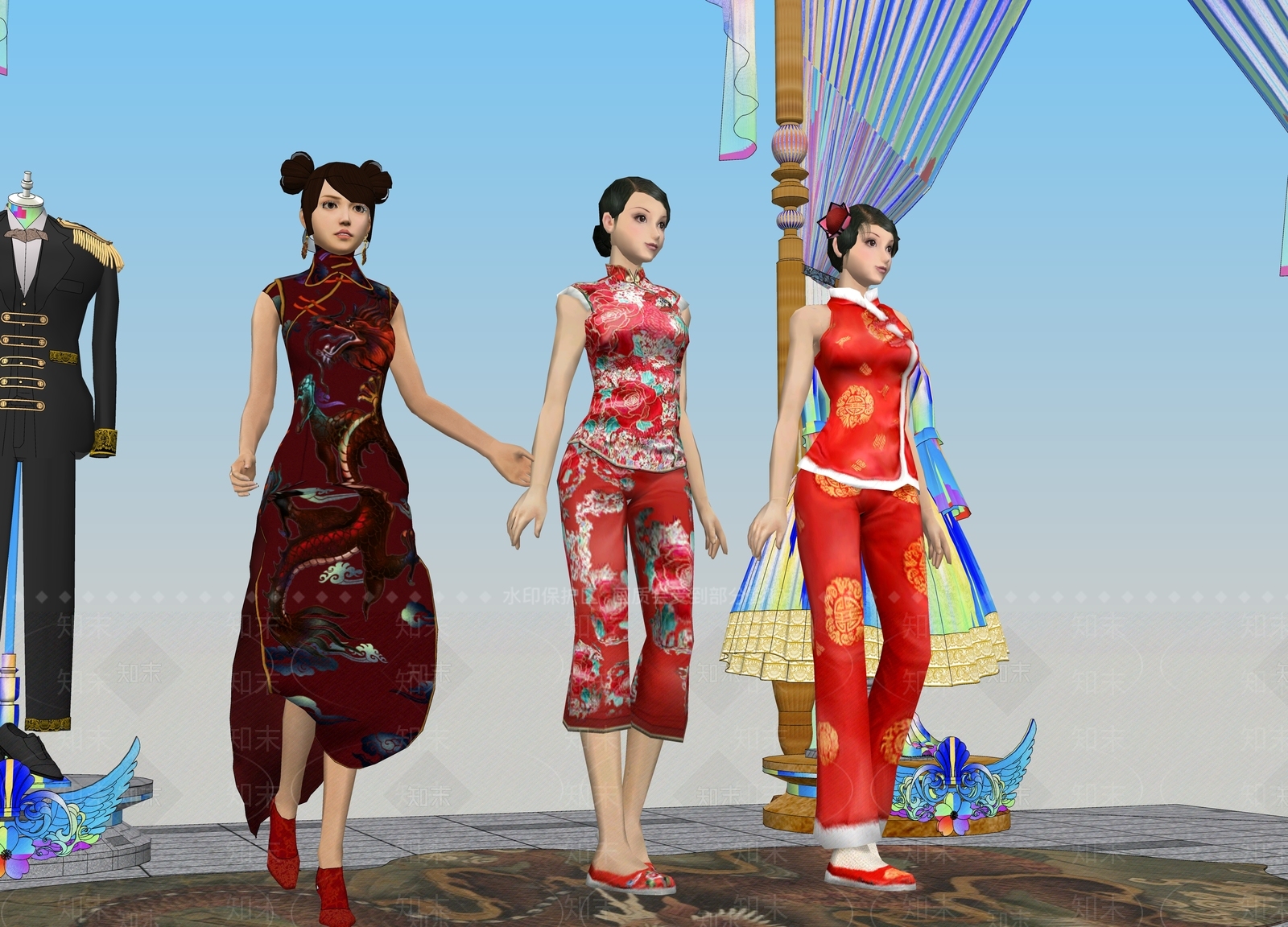 中式民俗喜庆服装旗袍女孩SU模型下载【ID:1159500174】