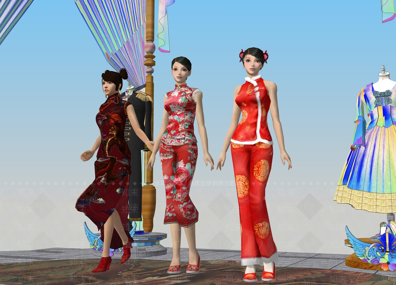 中式民俗喜庆服装旗袍女孩SU模型下载【ID:1159500174】