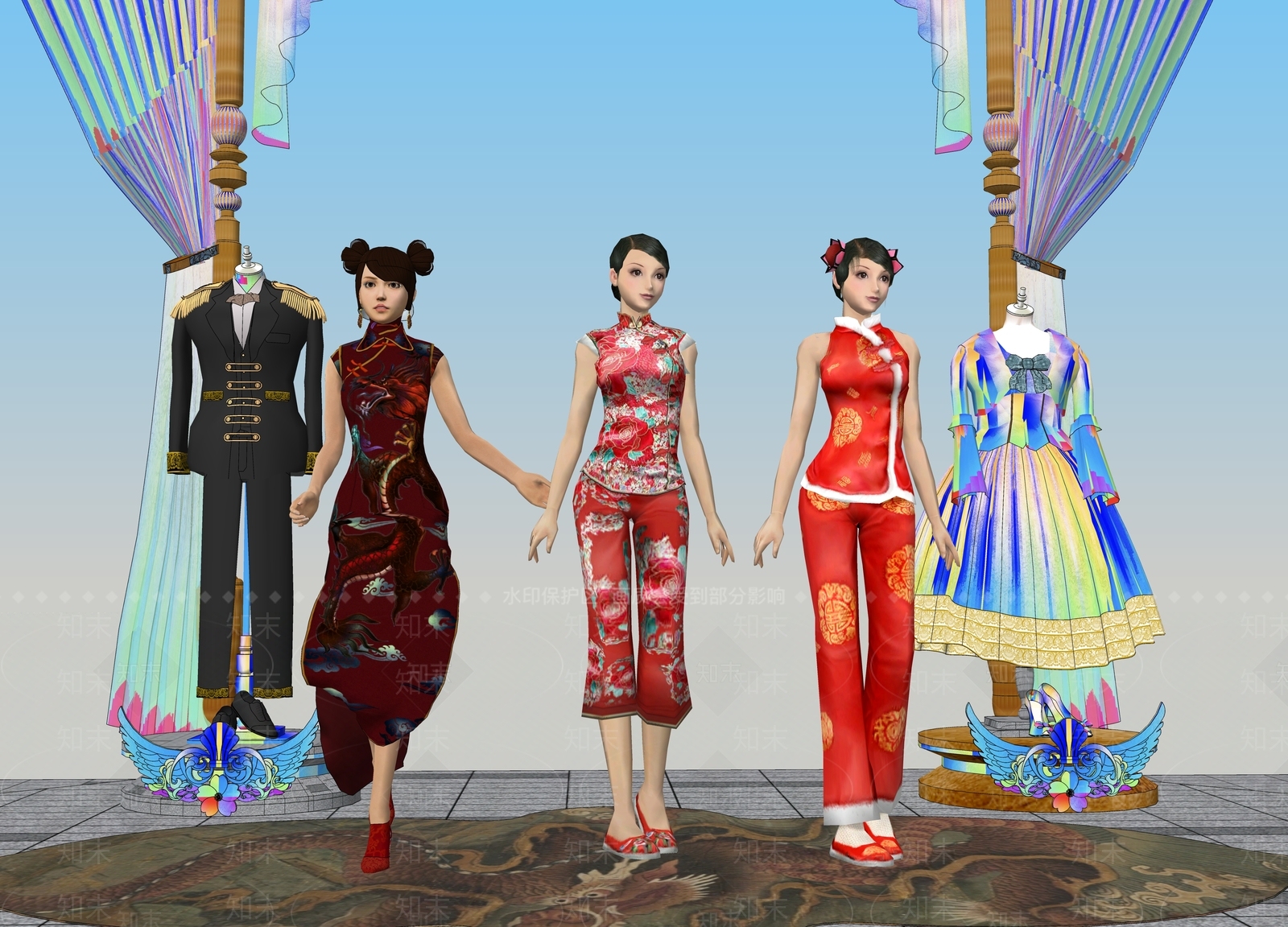 中式民俗喜庆服装旗袍女孩SU模型下载【ID:1159500174】