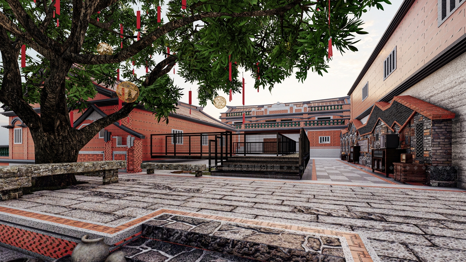 新中式闽南文化榕树文物广场SU模型下载【ID:1159503493】