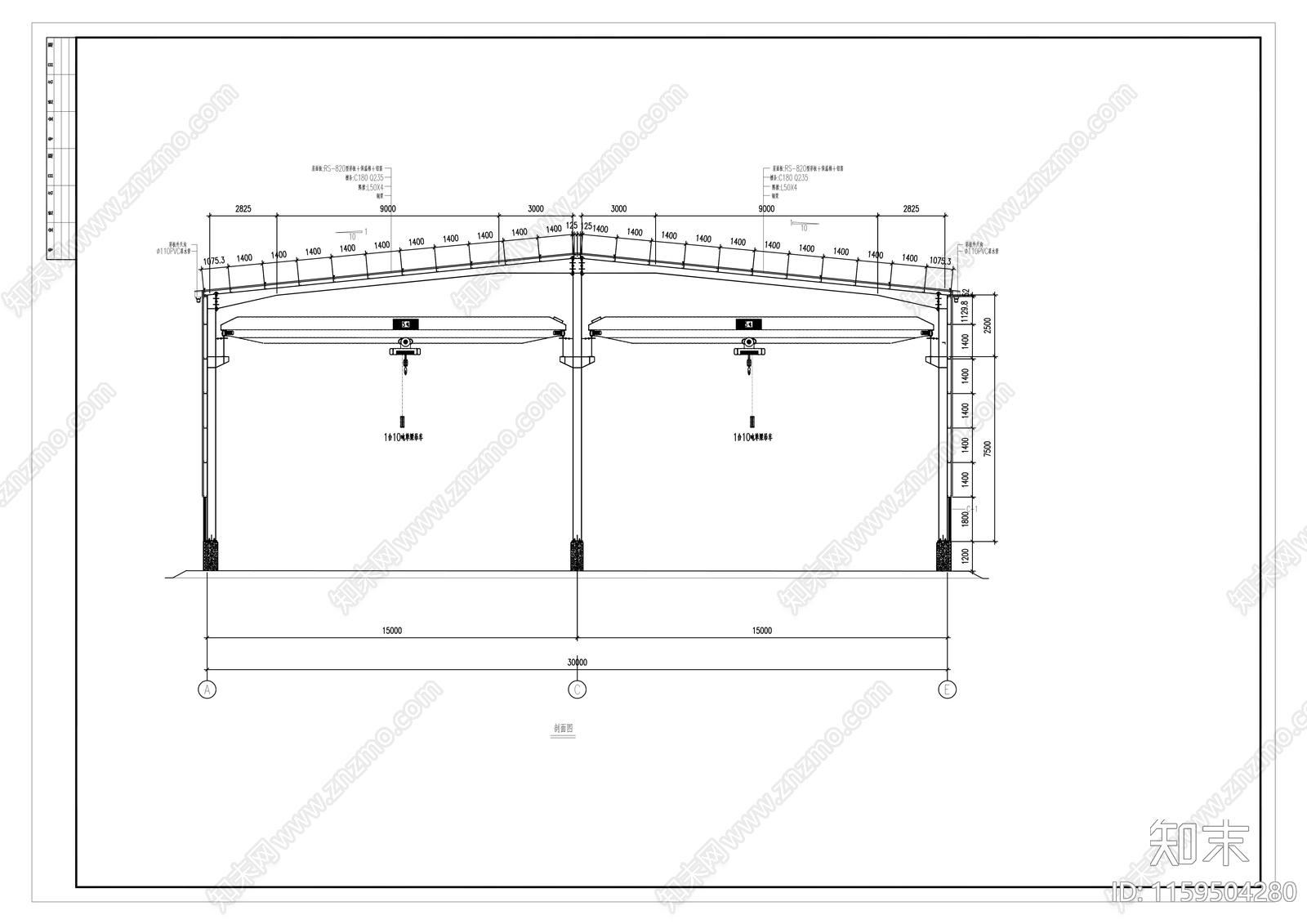 30米跨带吊车钢结构厂施工图下载【ID:1159504280】