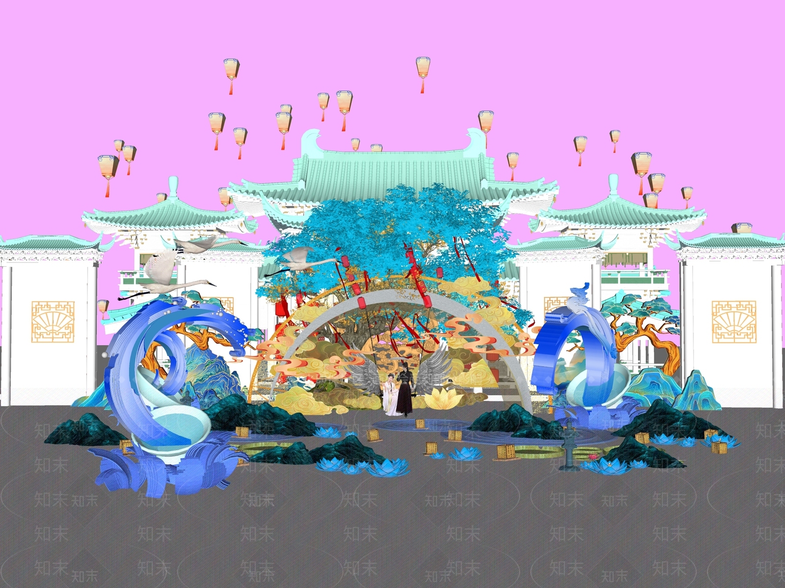 新中式网红打卡国潮古风美陈SU模型下载【ID:1159507701】