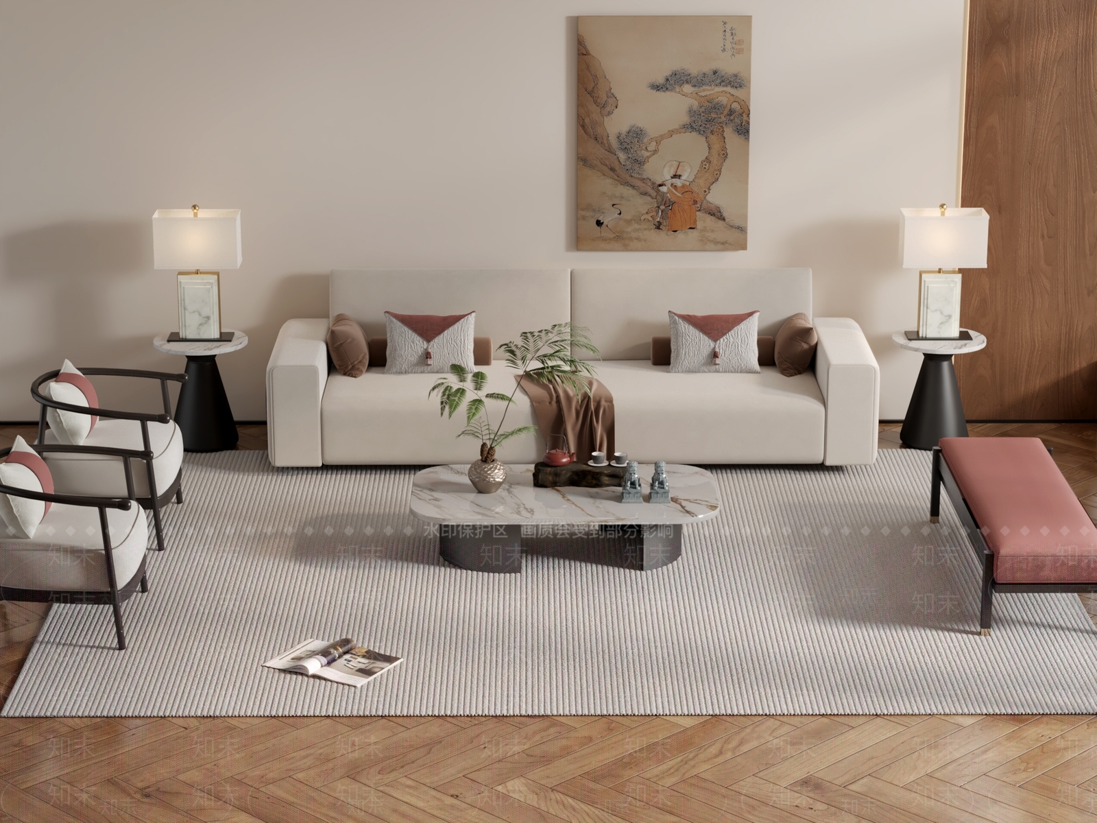 新中式沙发茶几组合挂画落地灯绿植3D模型下载【ID:1159518005】