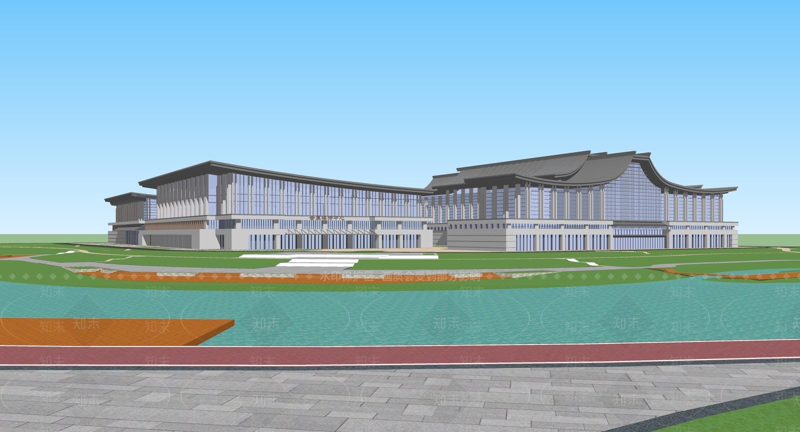 新中式展览馆建筑SU模型下载【ID:1159521587】