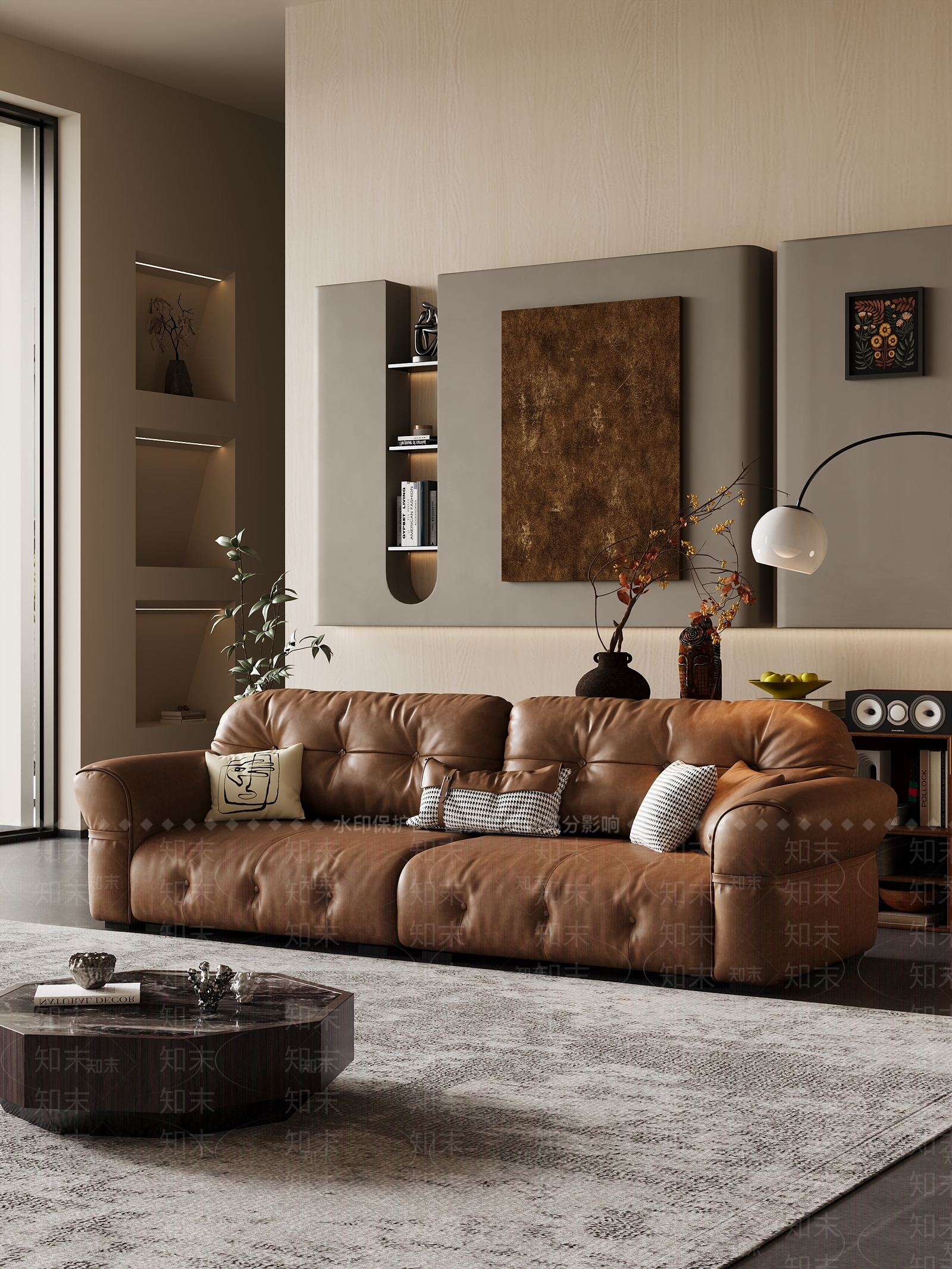 现代中古风双人沙发茶几组合客厅3D模型下载【ID:1159526784】