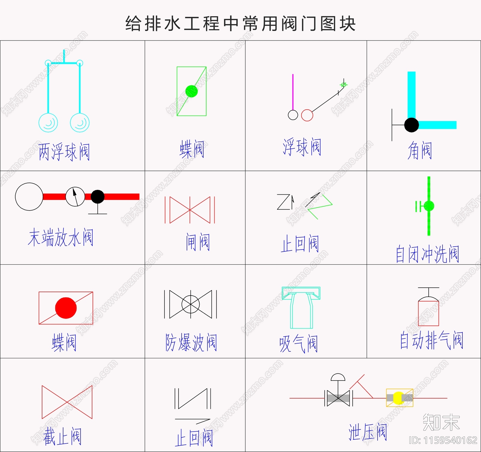 给排水工程中常用阀门图块cad施工图下载【ID:1159540162】