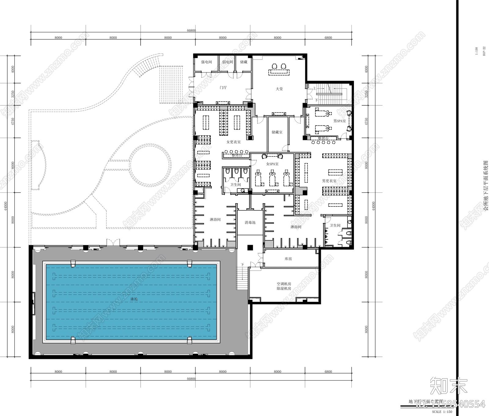健身会所游泳池平面布置图施工图下载【ID:1159540554】
