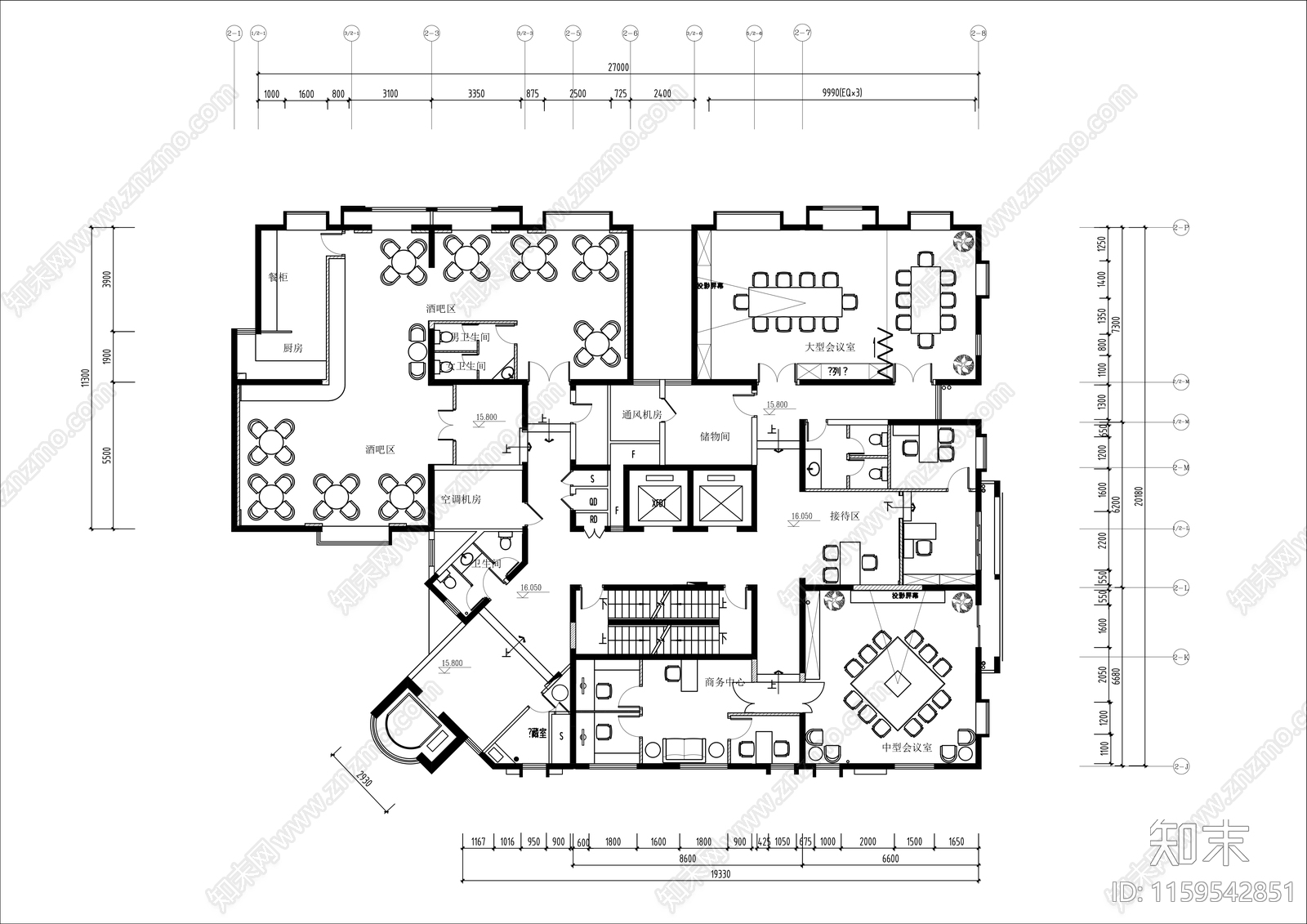 公司400㎡商务接待室平面布置图cad施工图下载【ID:1159542851】