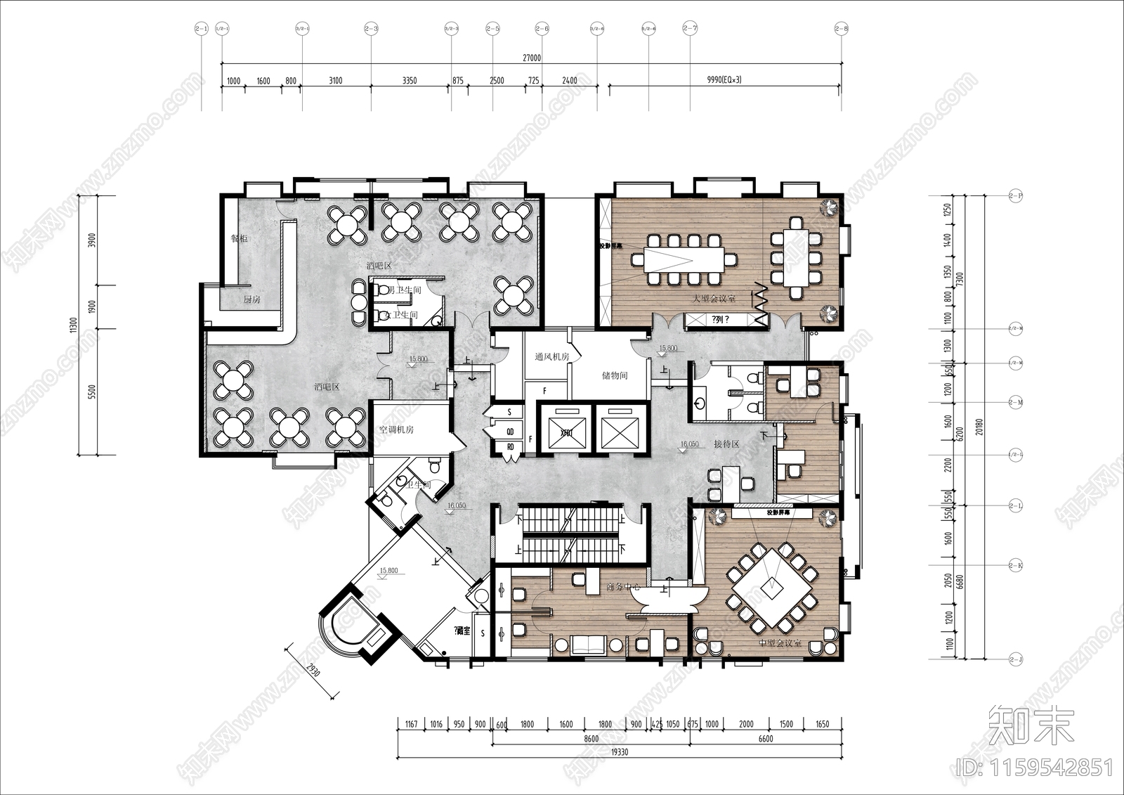 公司400㎡商务接待室平面布置图cad施工图下载【ID:1159542851】