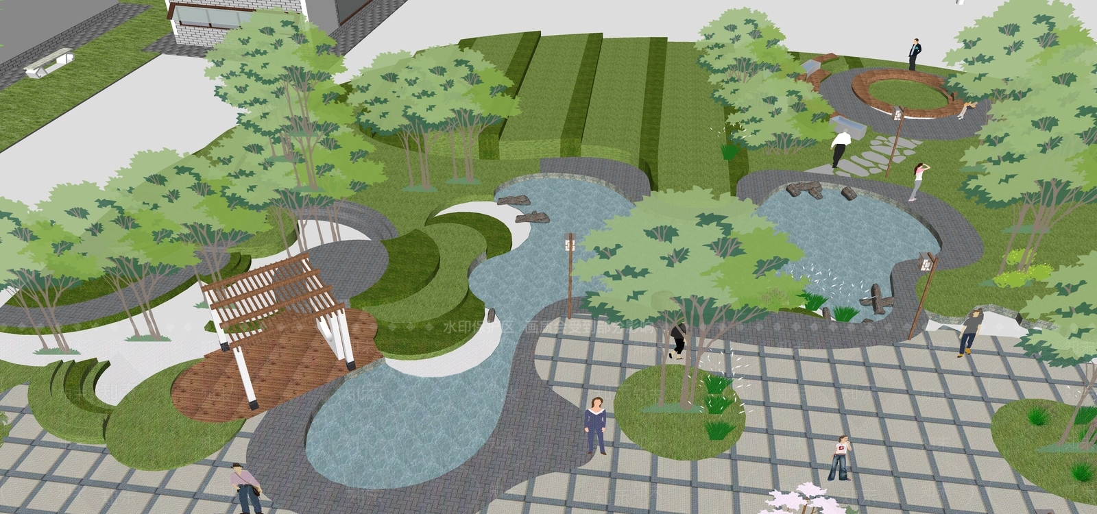 新中式乡村水景广场SU模型下载【ID:1159548016】