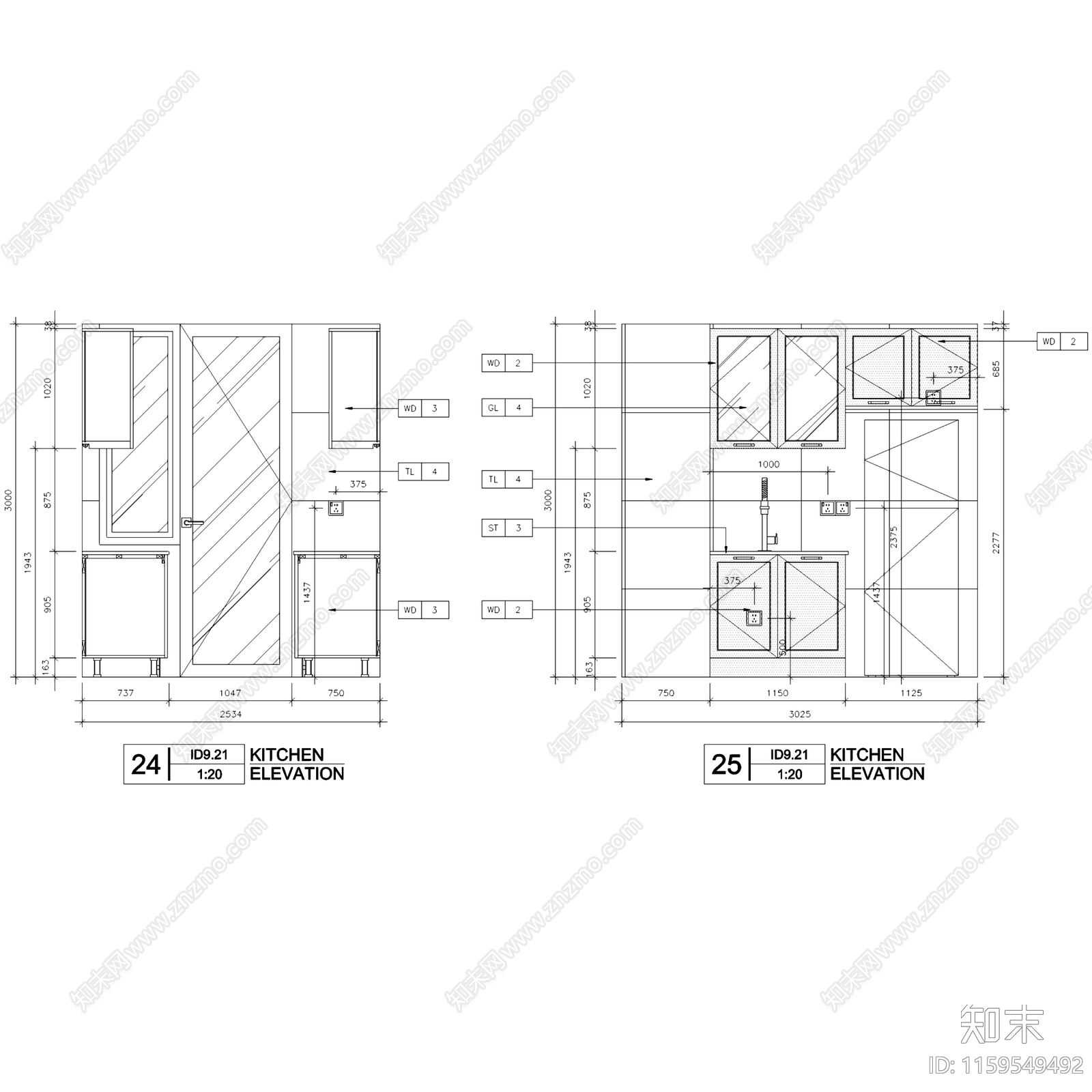 现代简约大冲住宅发展二期两室一厅两卫室内家装cad施工图下载【ID:1159549492】
