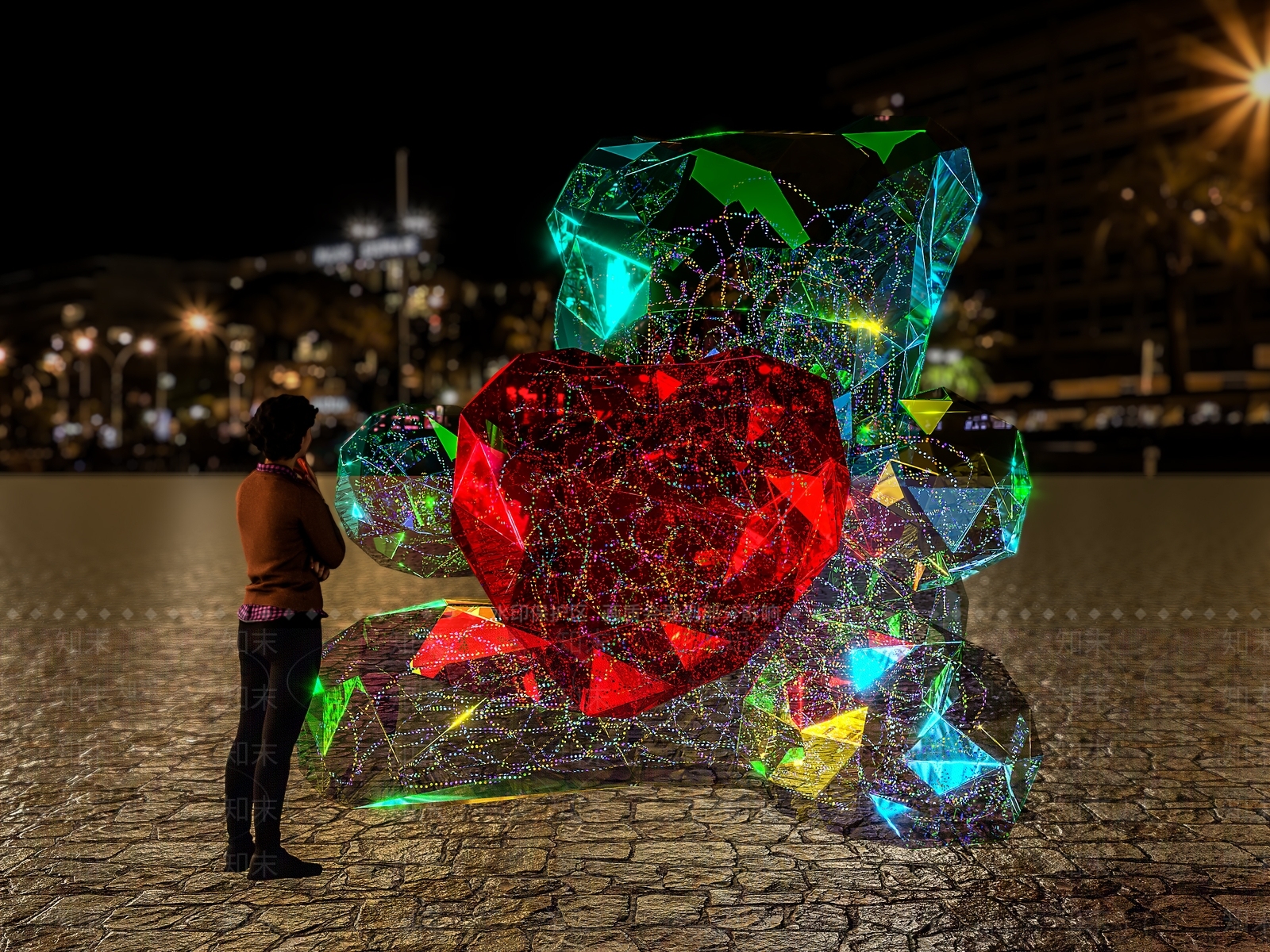 现代大型发光爱心熊雕塑SU模型下载【ID:1159554665】