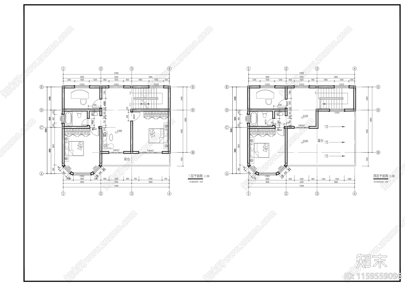 11x7m四层欧式风格自建别墅施工图下载【ID:1159559096】