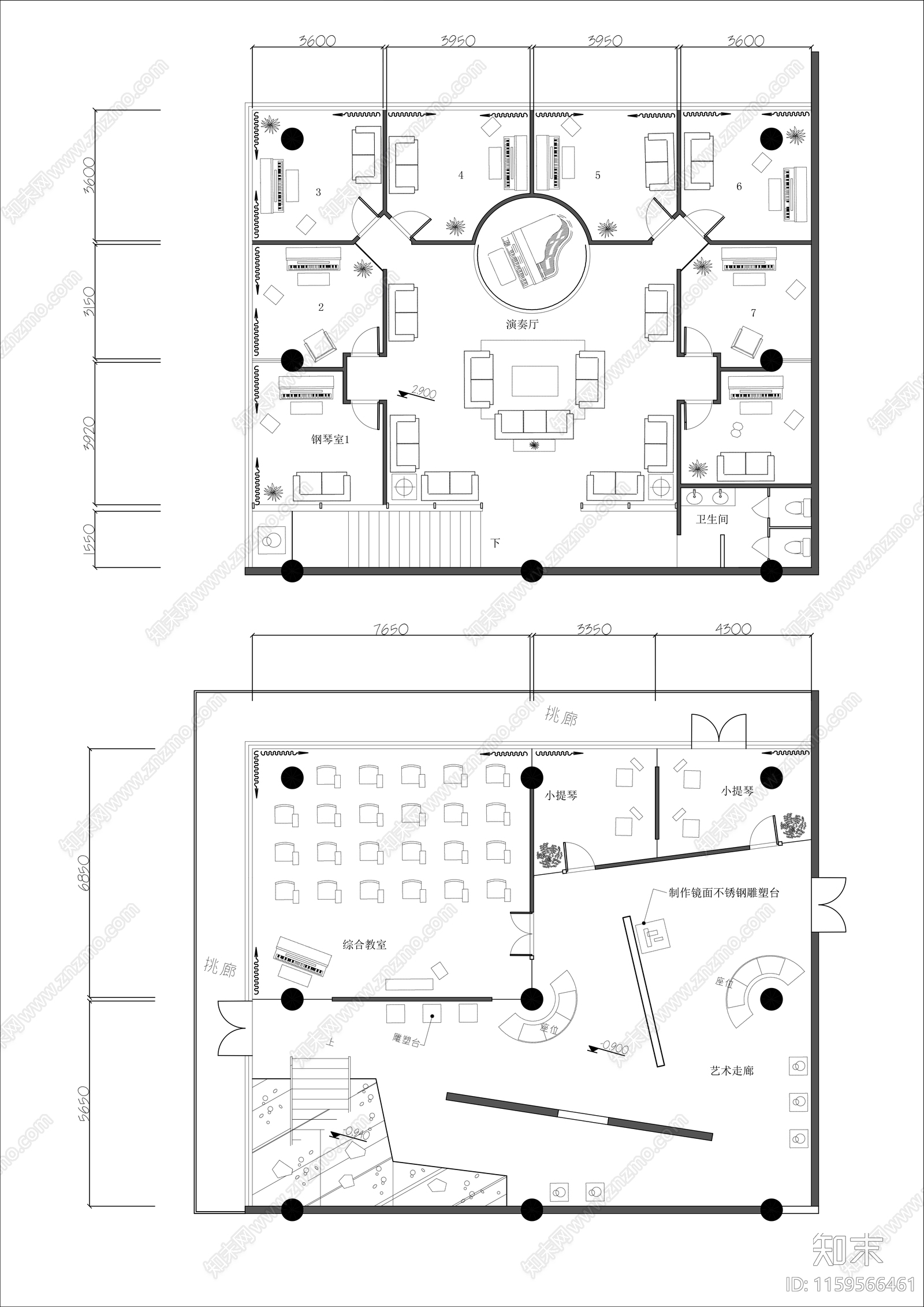 400㎡两层音乐教室平面布局图cad施工图下载【ID:1159566461】