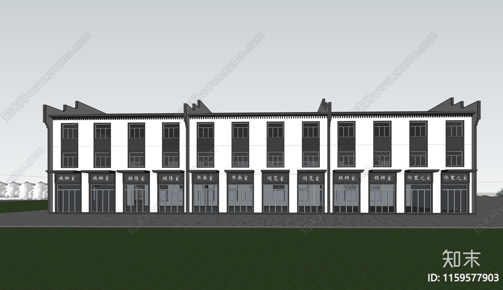 新中式沿街徽派商业SU模型下载【ID:1159577903】