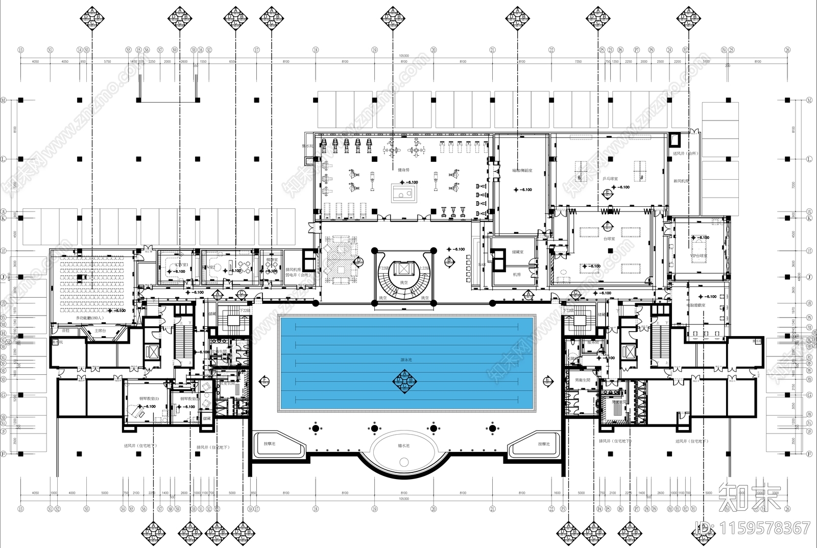 4000㎡游泳健身会所全cad施工图下载【ID:1159578367】