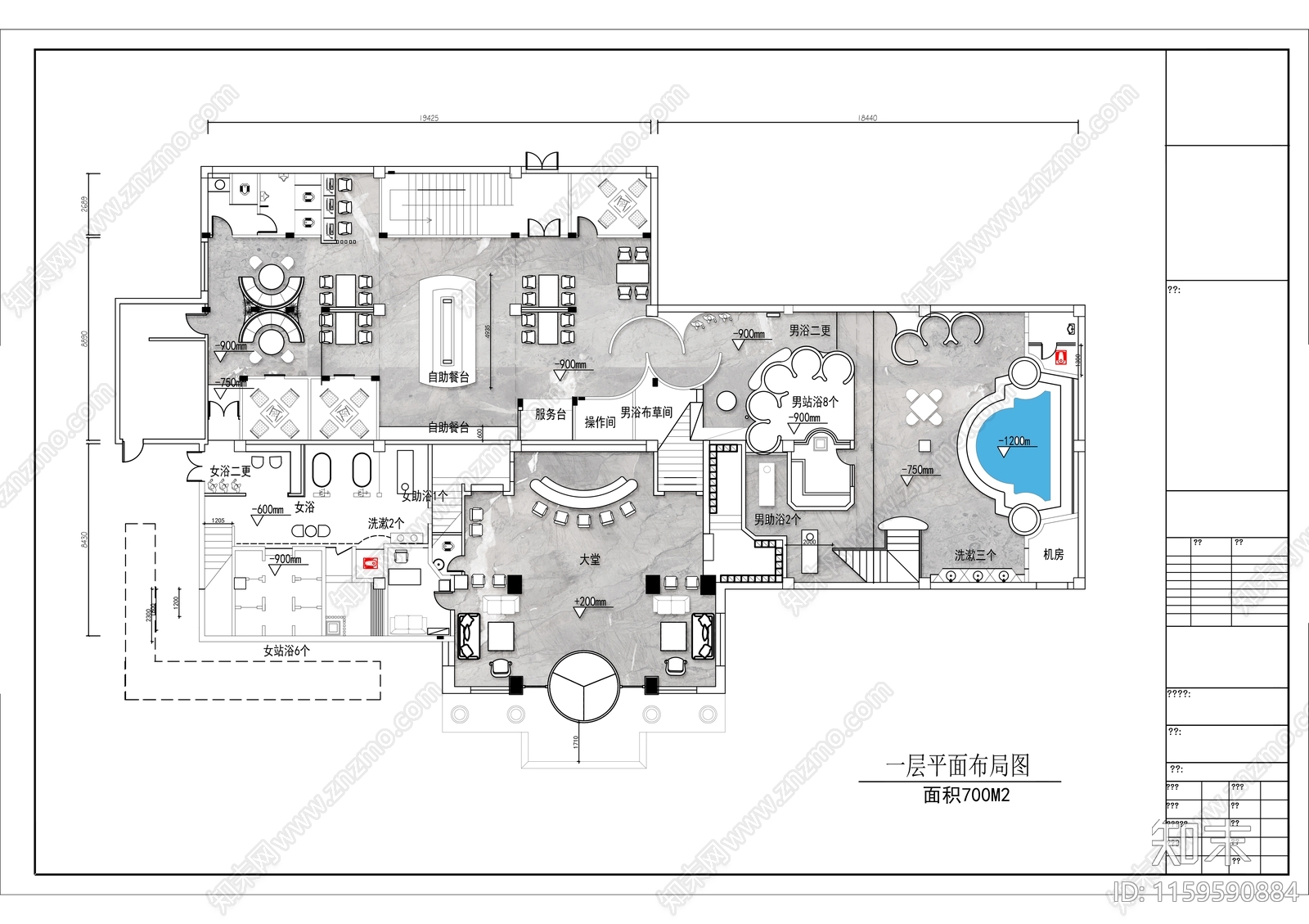 2500㎡三层足疗洗浴中cad施工图下载【ID:1159590884】