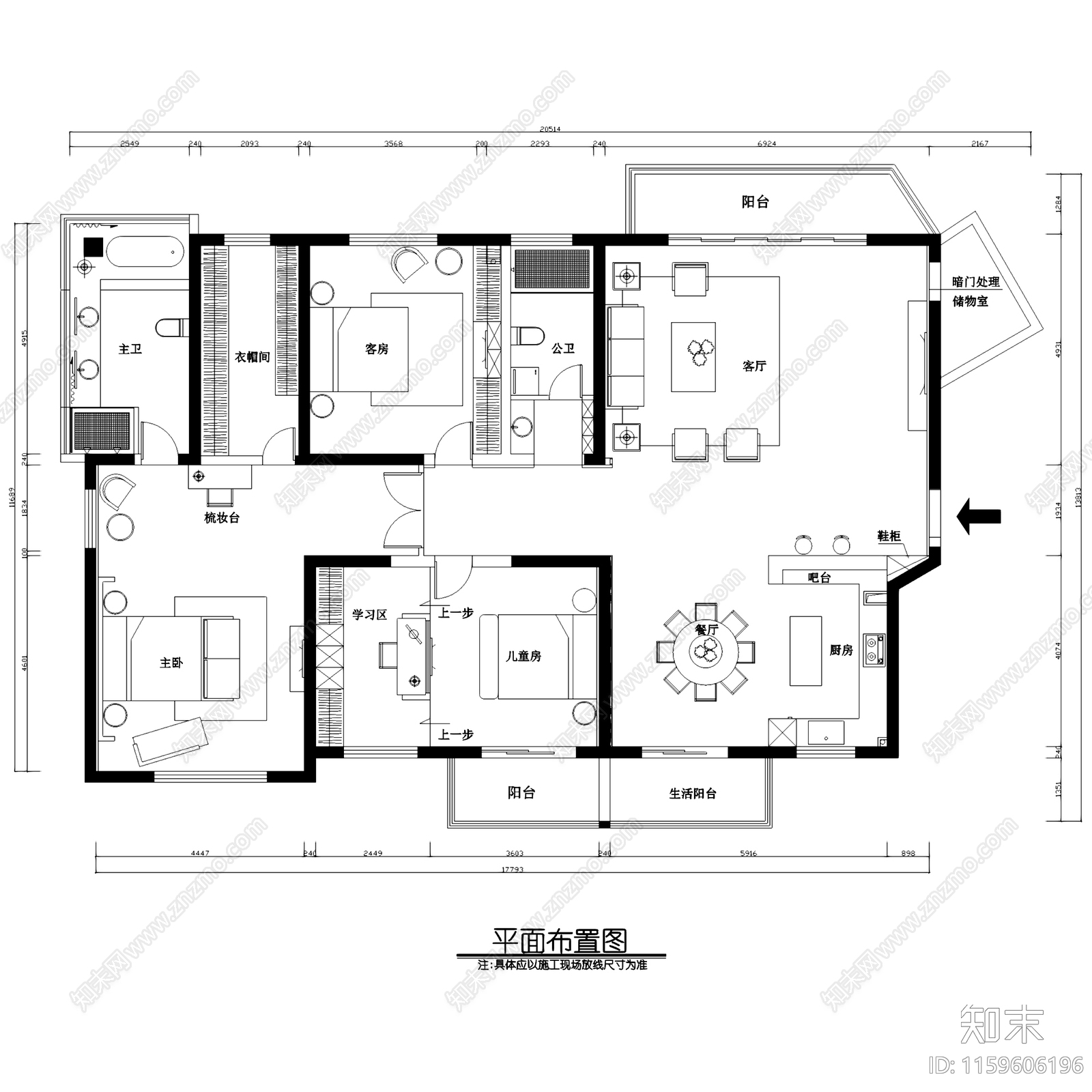 三室两厅两卫大平层室内家装CAcad施工图下载【ID:1159606196】