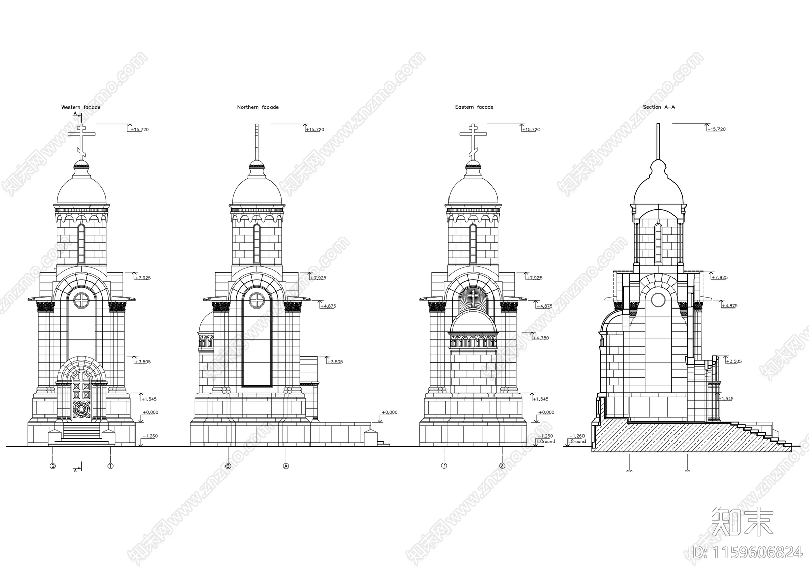 教堂四个方向立面图施工图下载【ID:1159606824】