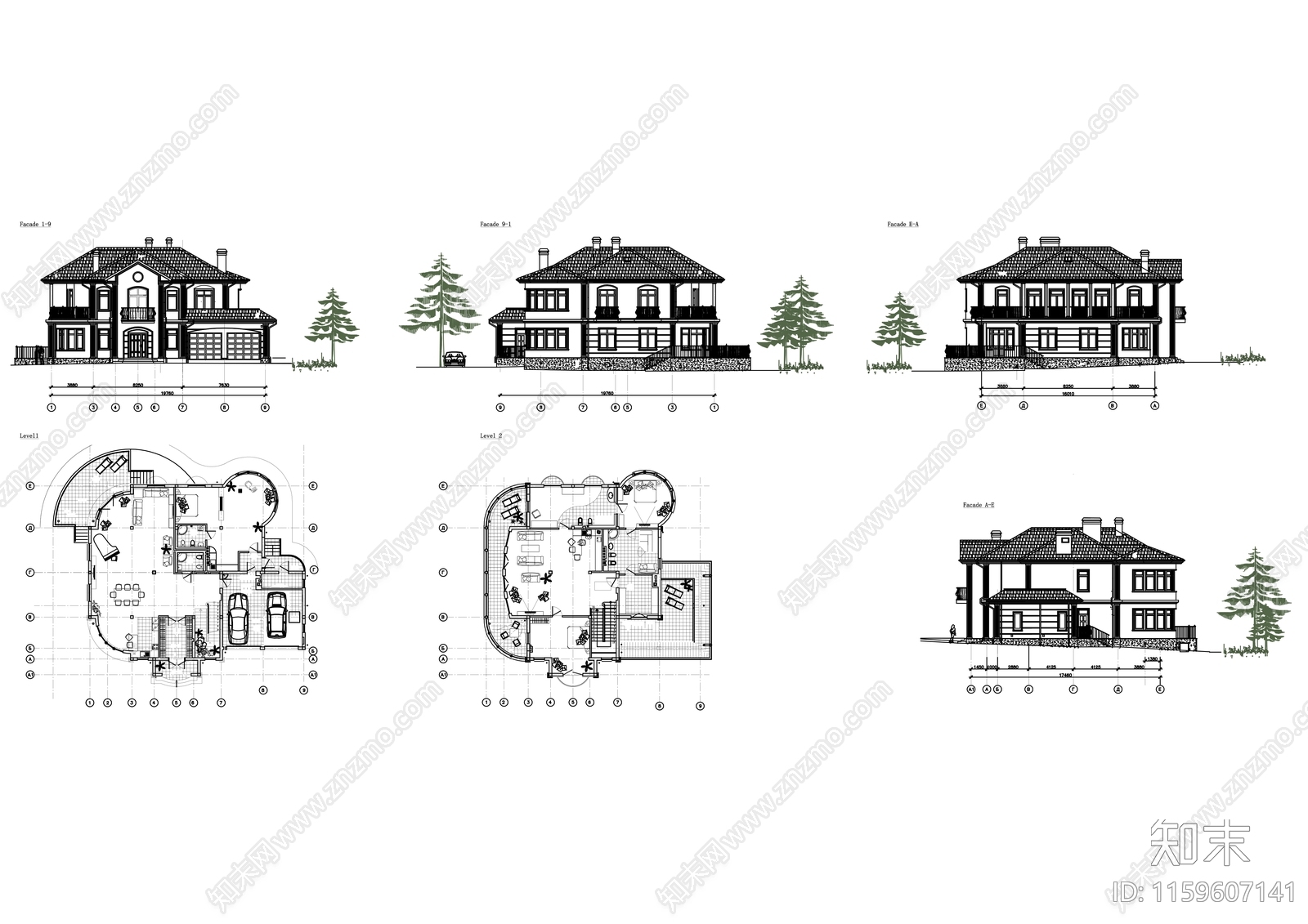 别墅整体规划设计平面立面图施工图下载【ID:1159607141】