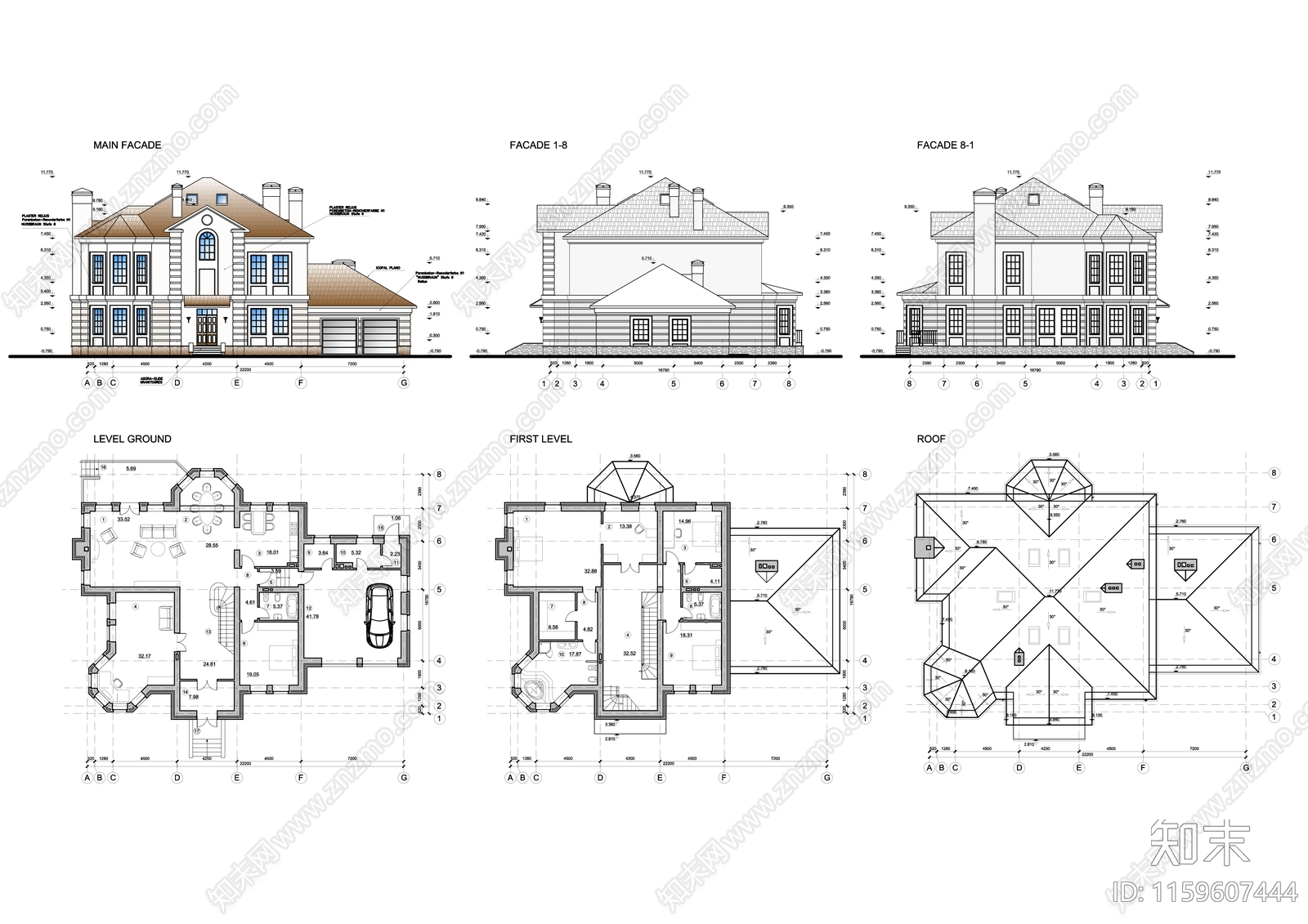 两层乡村别墅平面立面规划施工图下载【ID:1159607444】
