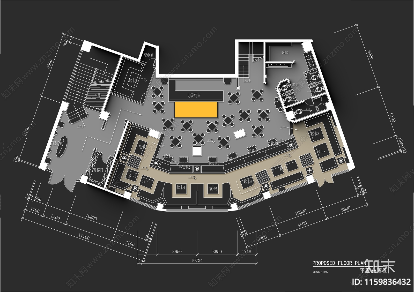 时尚酒吧平面布局图cad施工图下载【ID:1159836432】