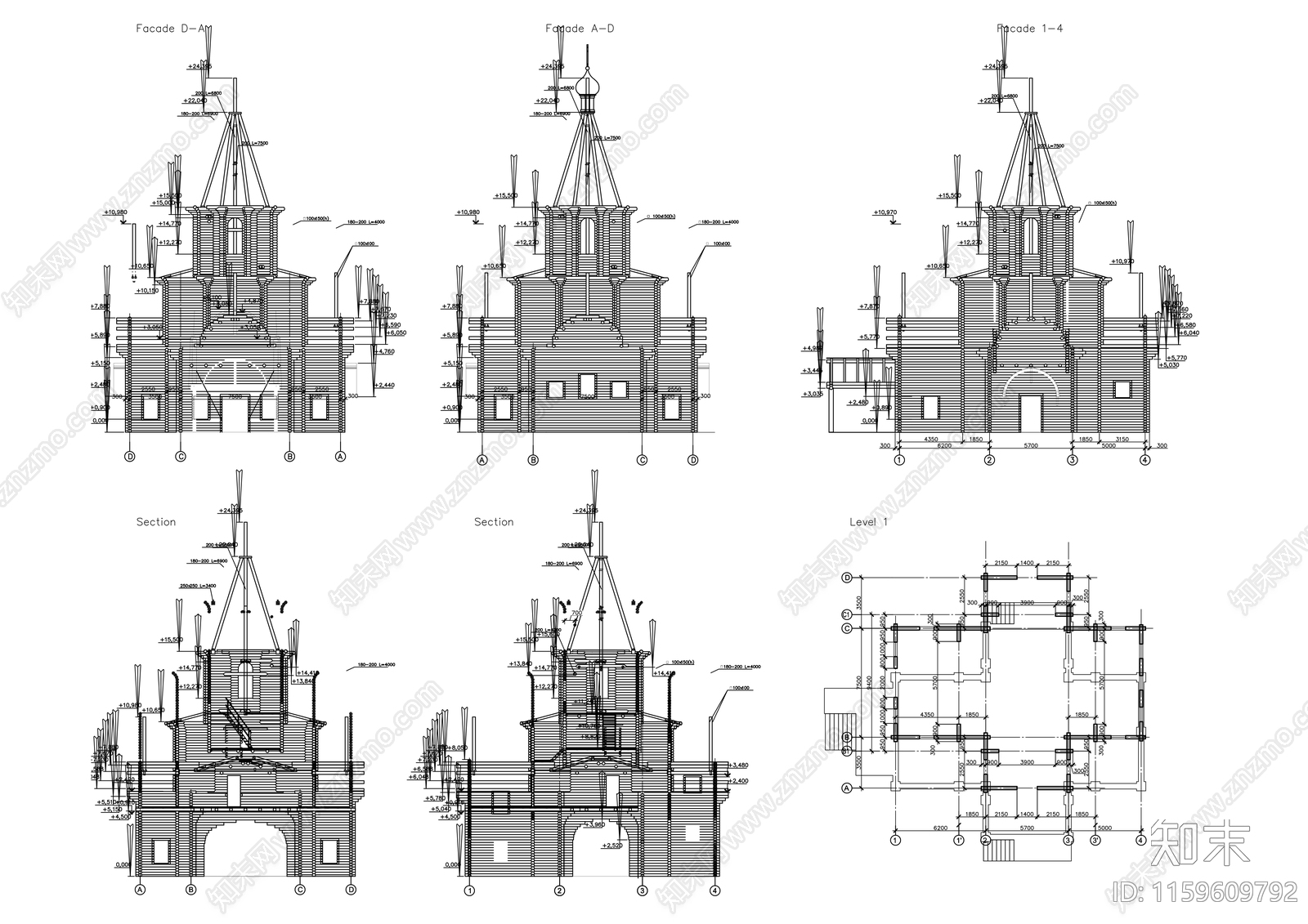 木制教堂平面立面cad施工图下载【ID:1159609792】