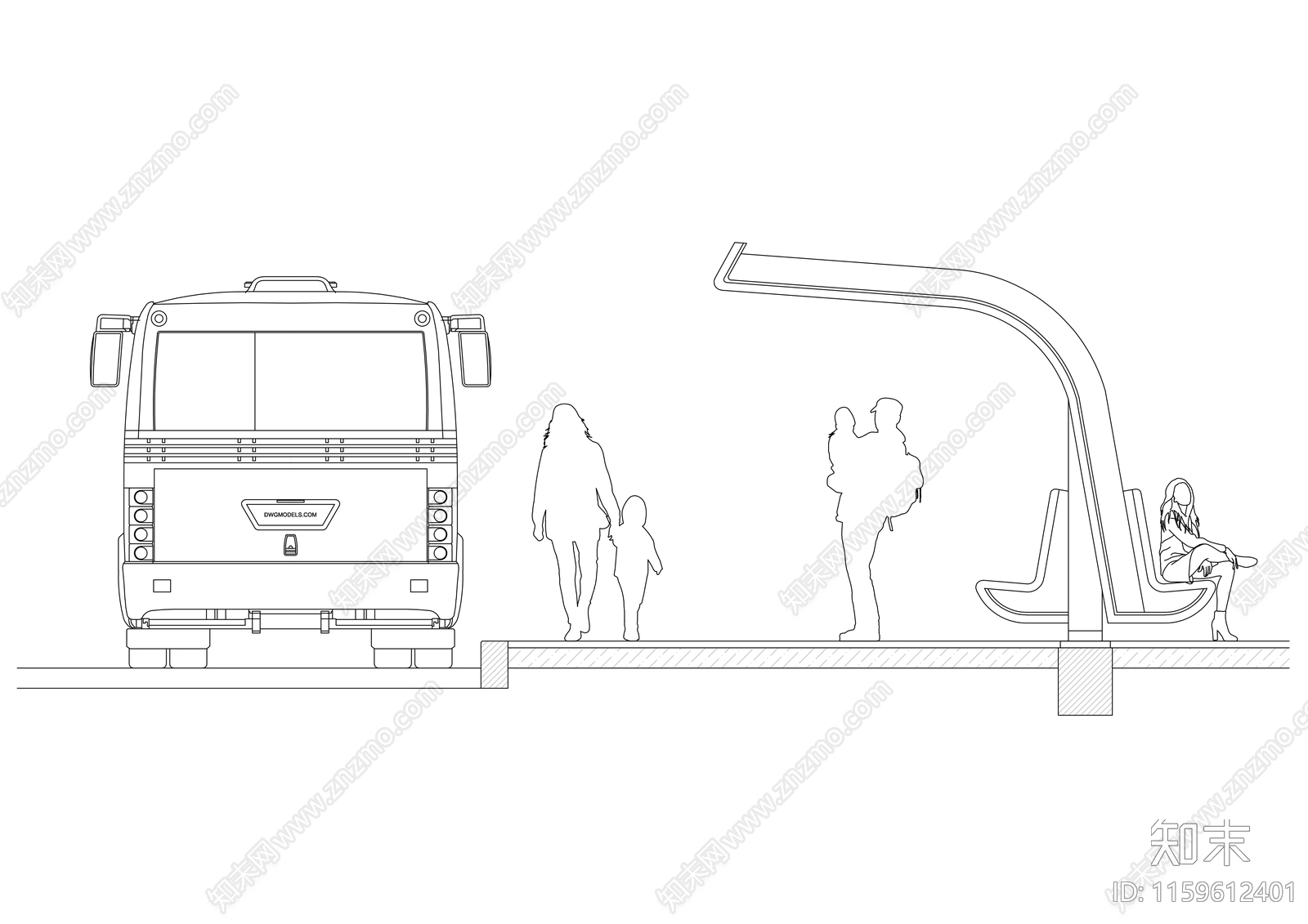 巴士站台乘车场景施工图下载【ID:1159612401】