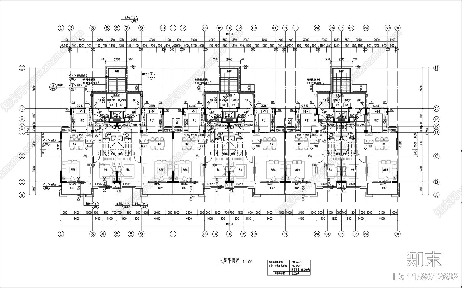 多层新中式拼叠住宅建施图cad施工图下载【ID:1159612632】