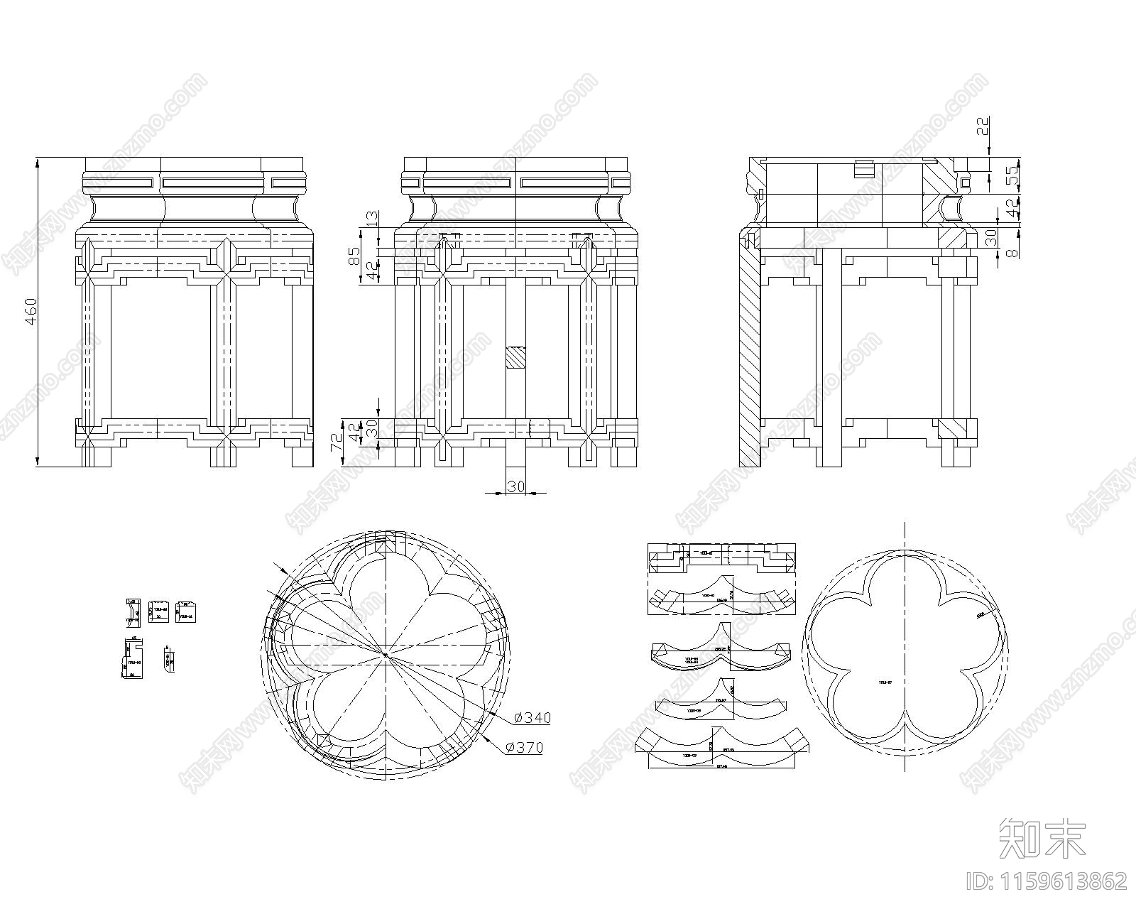 红木冰纹梅花凳施工图下载【ID:1159613862】
