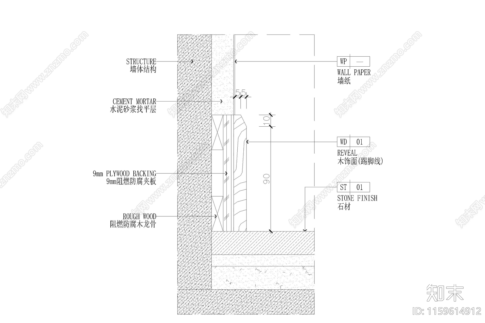 墙纸壁纸墙面节点大样图详图cad施工图下载【ID:1159614912】