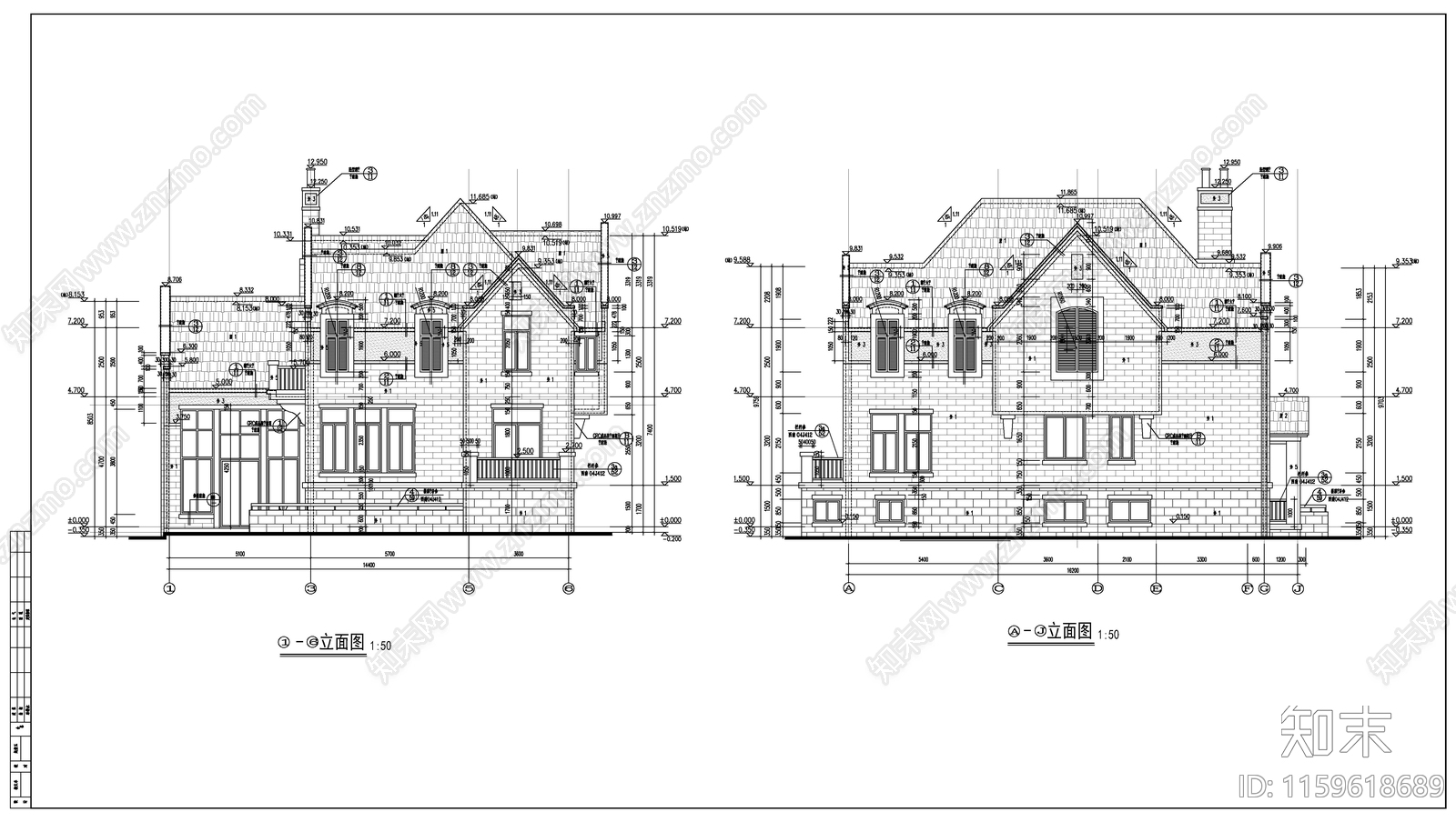 欧式古典风格别墅建cad施工图下载【ID:1159618689】