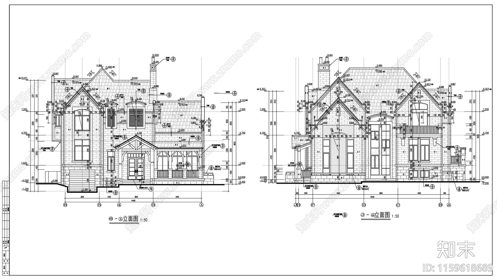 欧式古典风格别墅建cad施工图下载【ID:1159618689】