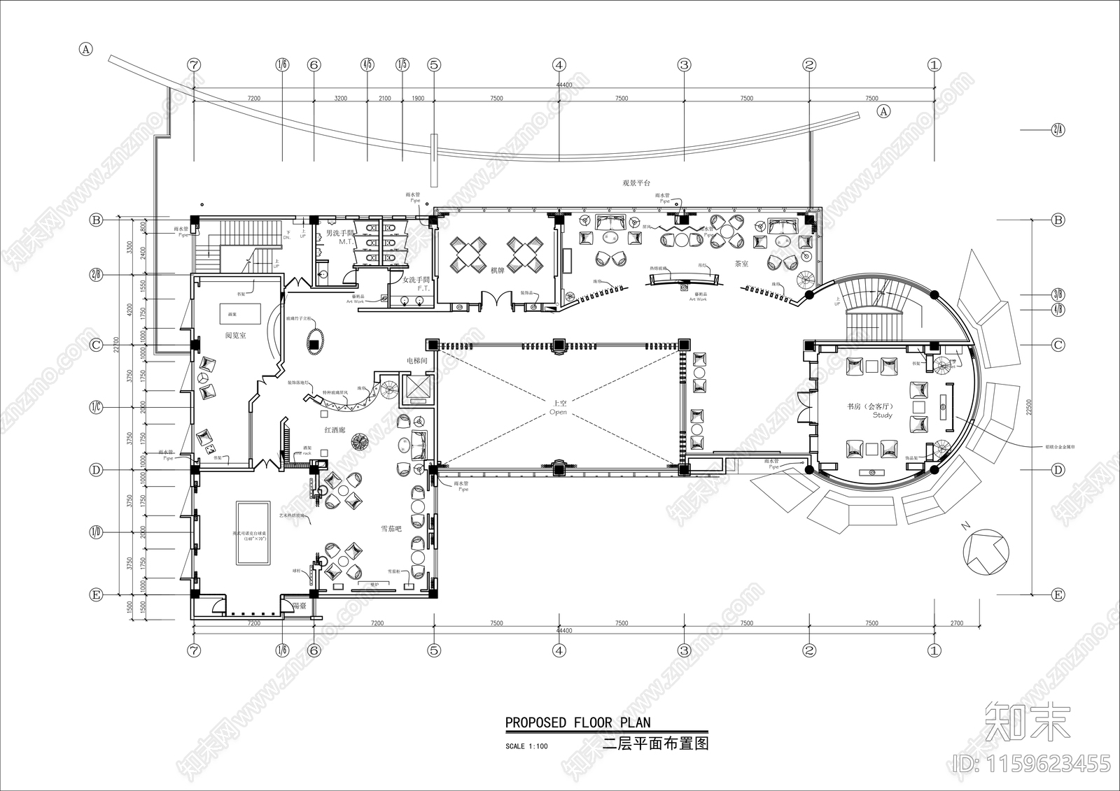 2000㎡两层商务接待会所平面布置图cad施工图下载【ID:1159623455】