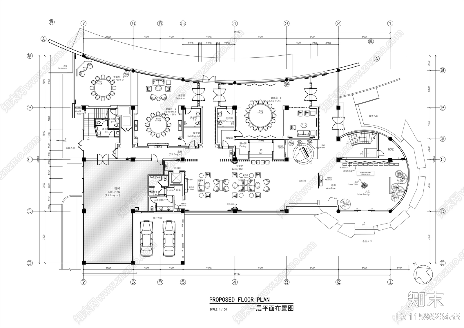 2000㎡两层商务接待会所平面布置图cad施工图下载【ID:1159623455】